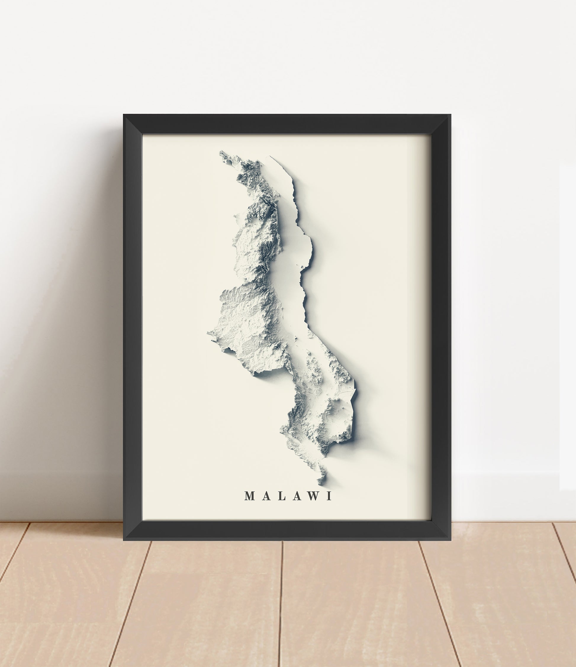 Malawi shaded relief map in black frame. Artistic print with realistic terrain effect for wall decor