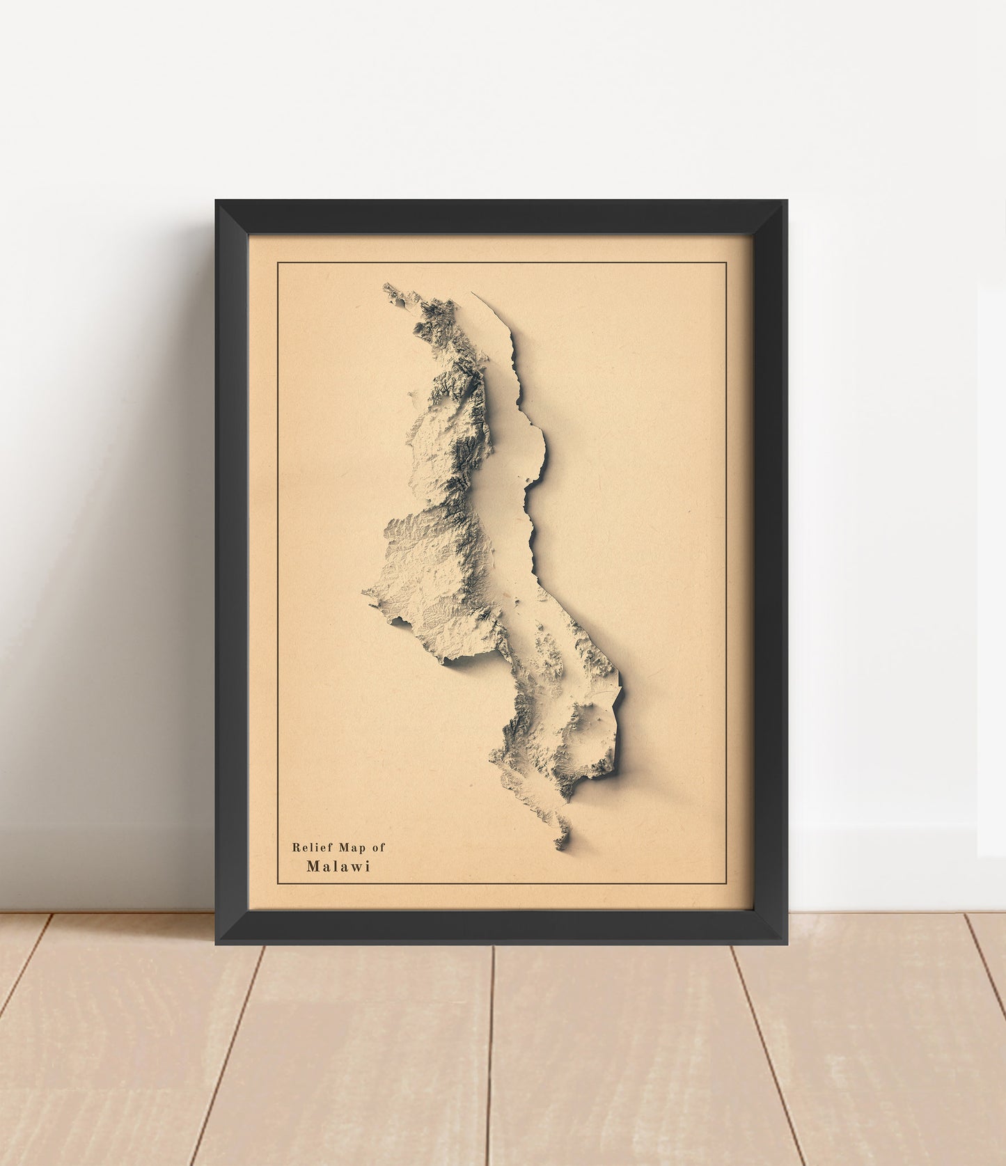 Vintage Malawi shaded relief map in black frame. Artistic print with realistic terrain effect for wall decor