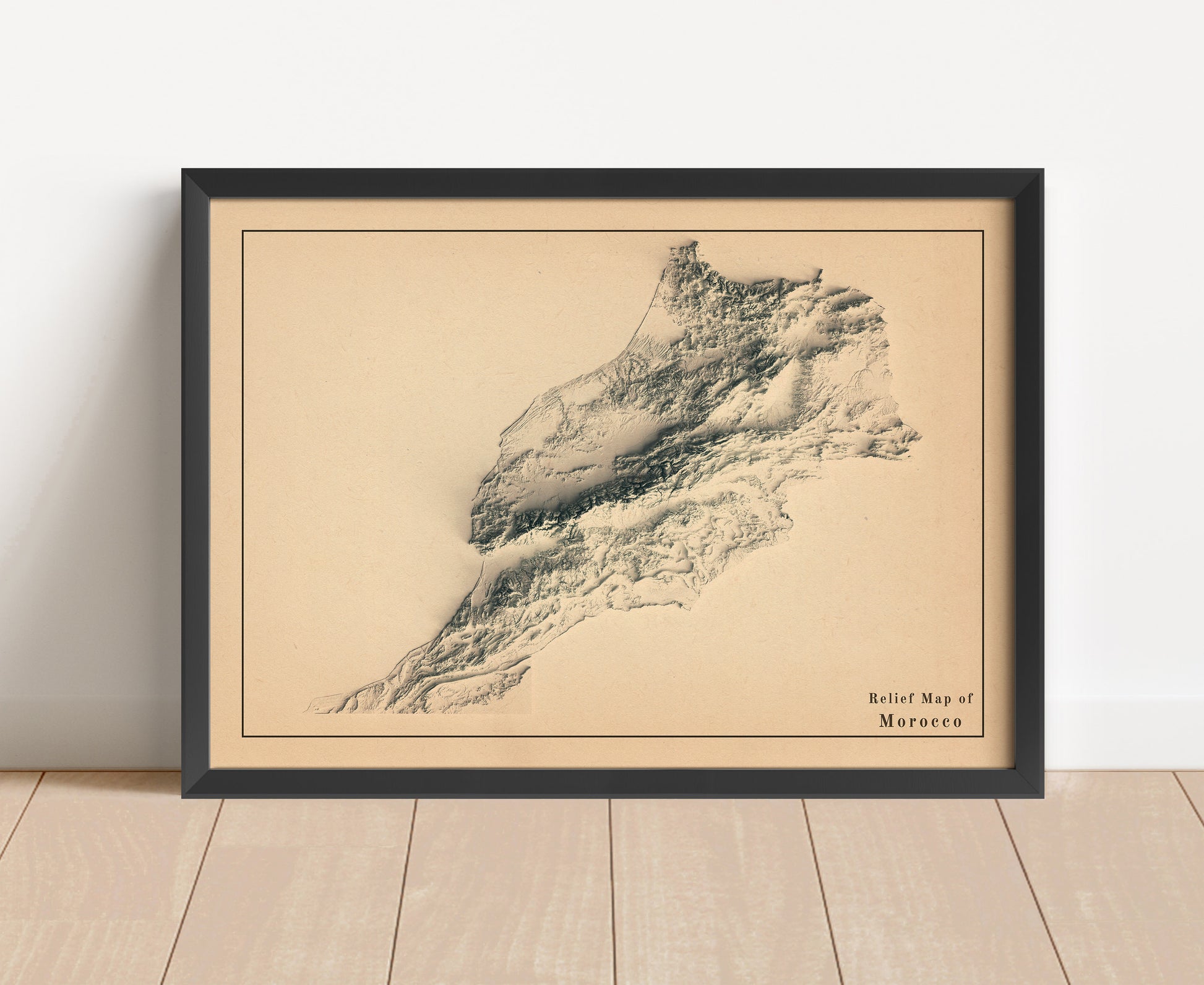 Vintage Morocco shaded relief map in black frame. Artistic print with realistic terrain effect for wall decor