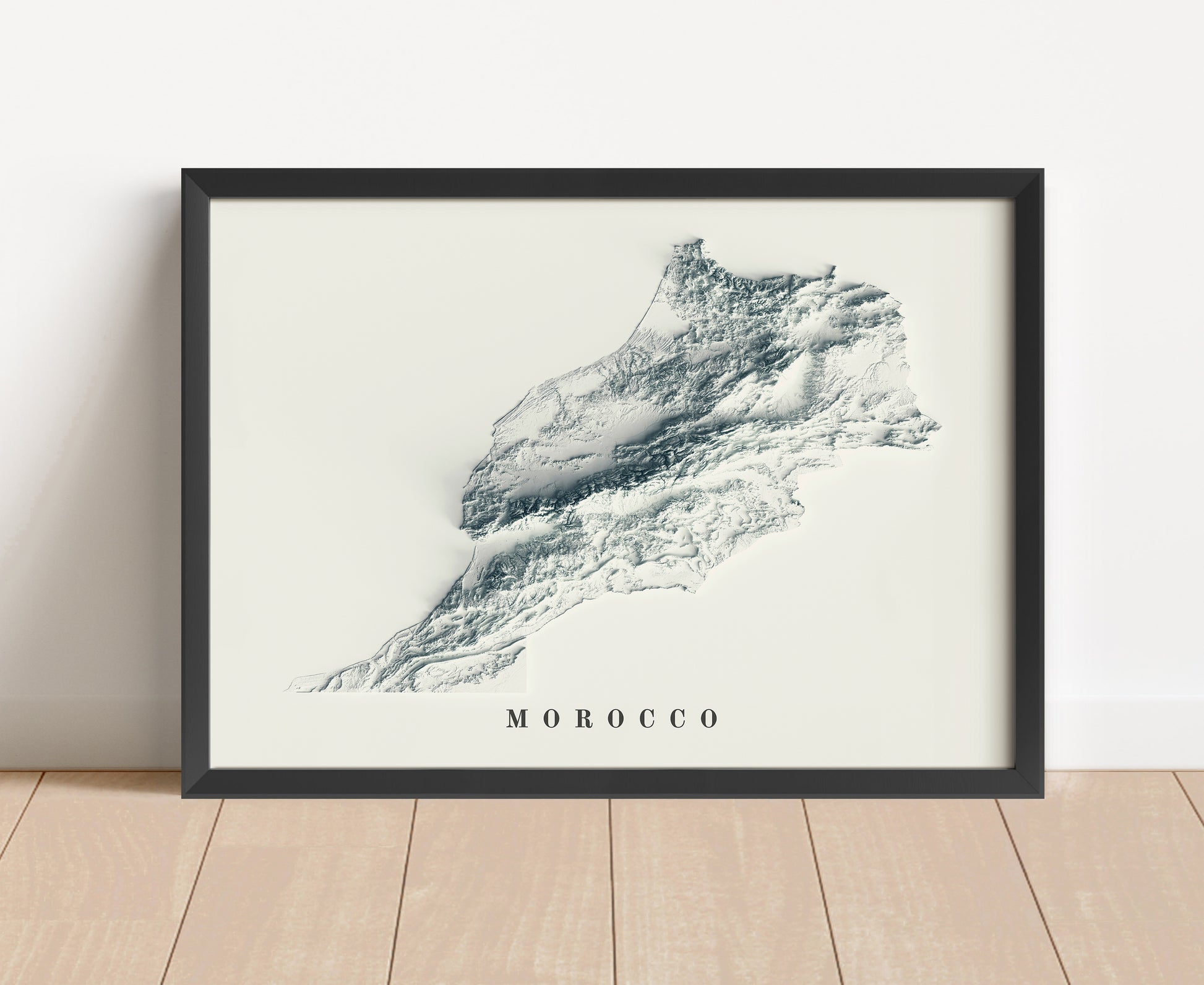 Morocco shaded relief map in black frame. Artistic print with realistic terrain effect for wall decor