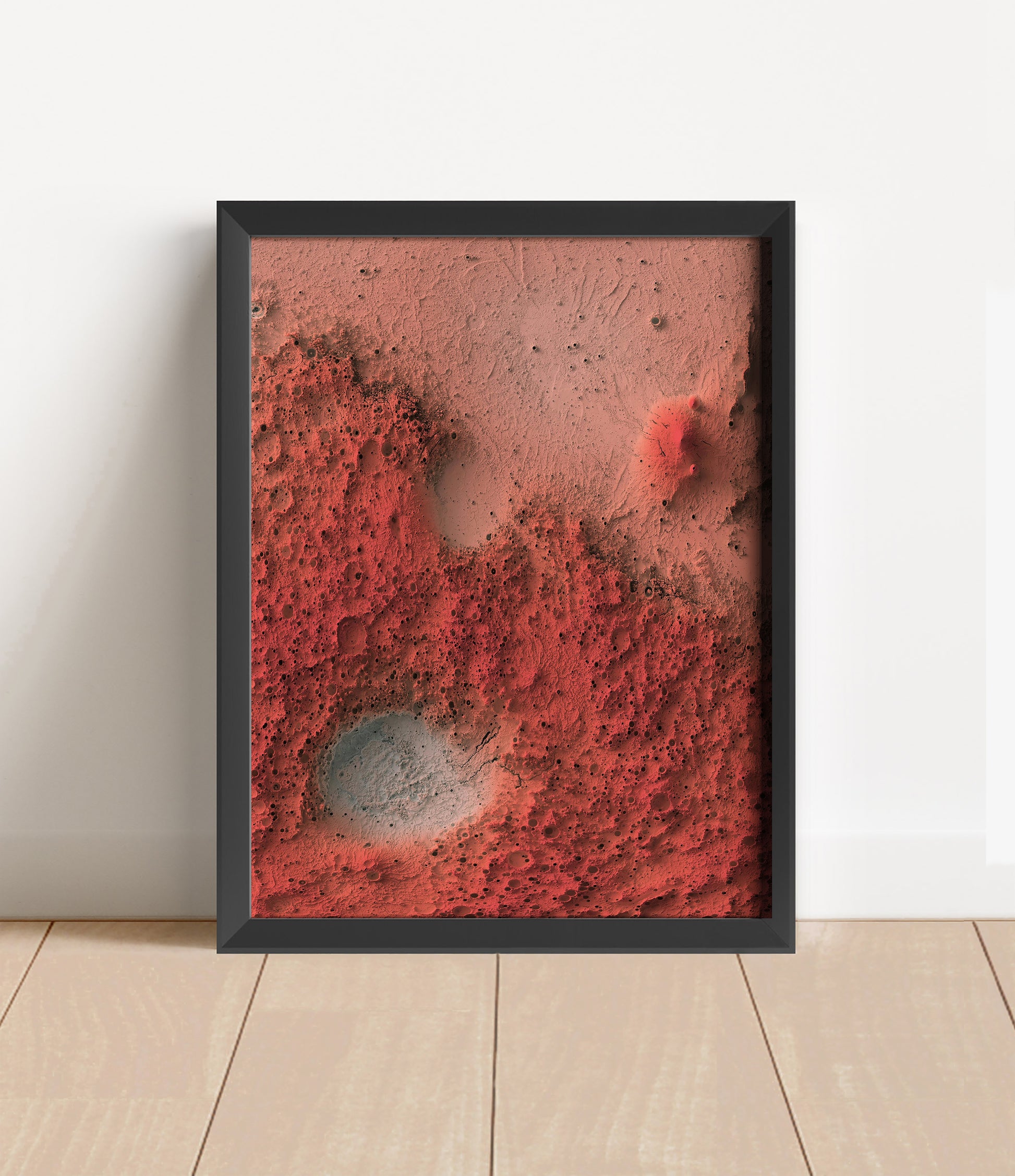 Mars shaded relief map in black frame. Artistic print with realistic terrain effect for wall decor
