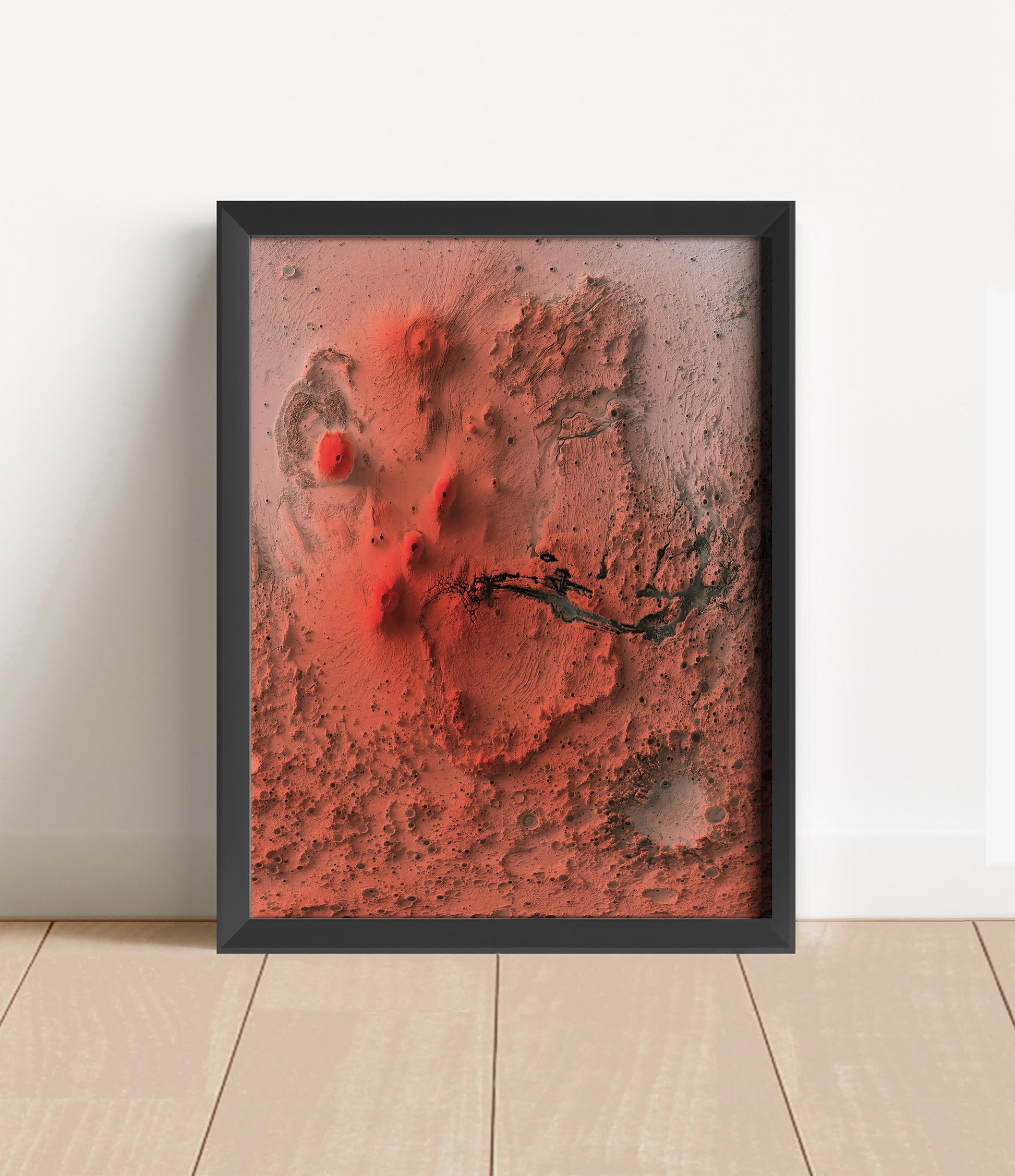 Vintage Mars shaded relief map in black frame. Artistic print with realistic terrain effect for wall decor