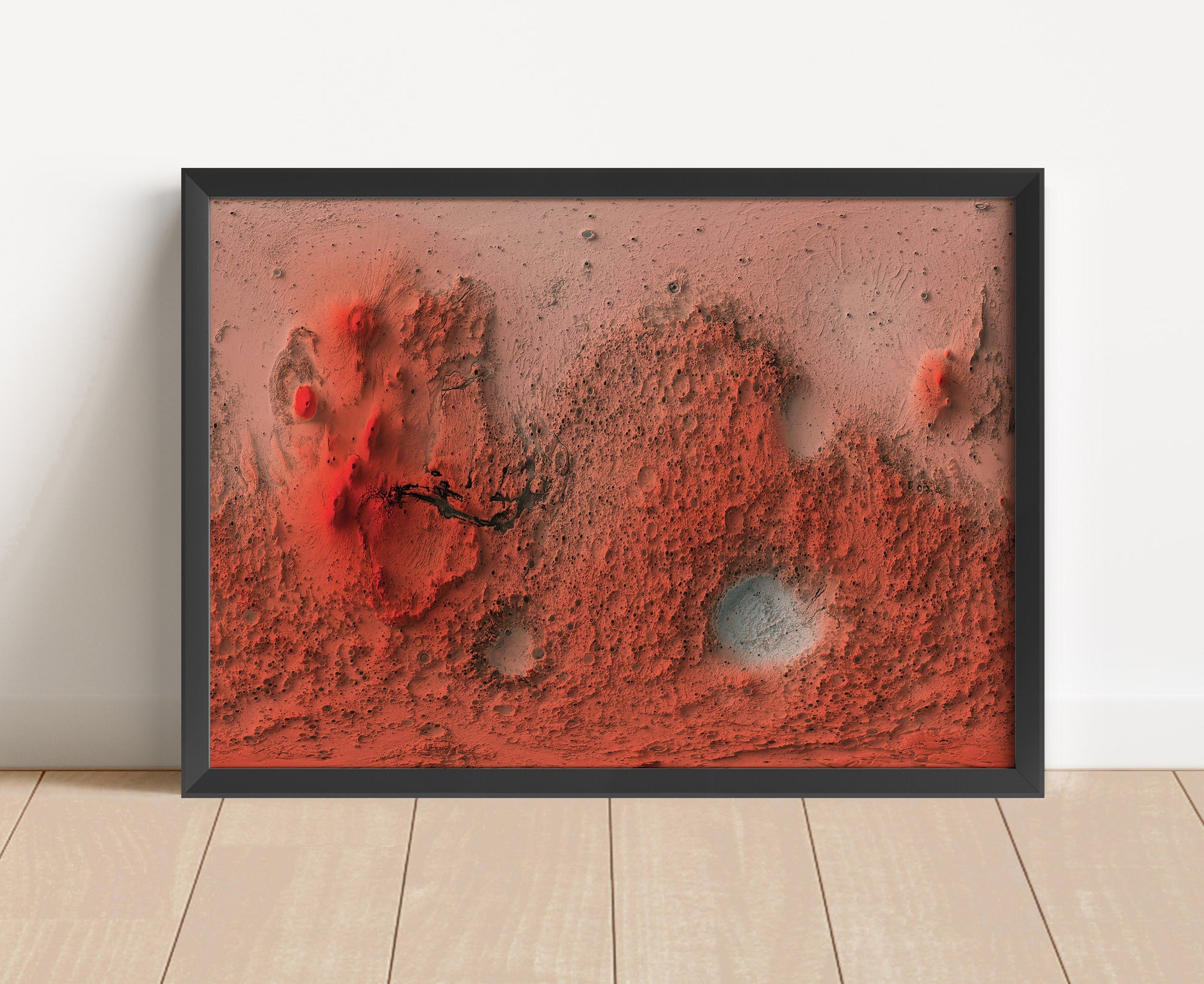 Mars shaded relief map in black frame. Artistic print with realistic terrain effect for wall decor