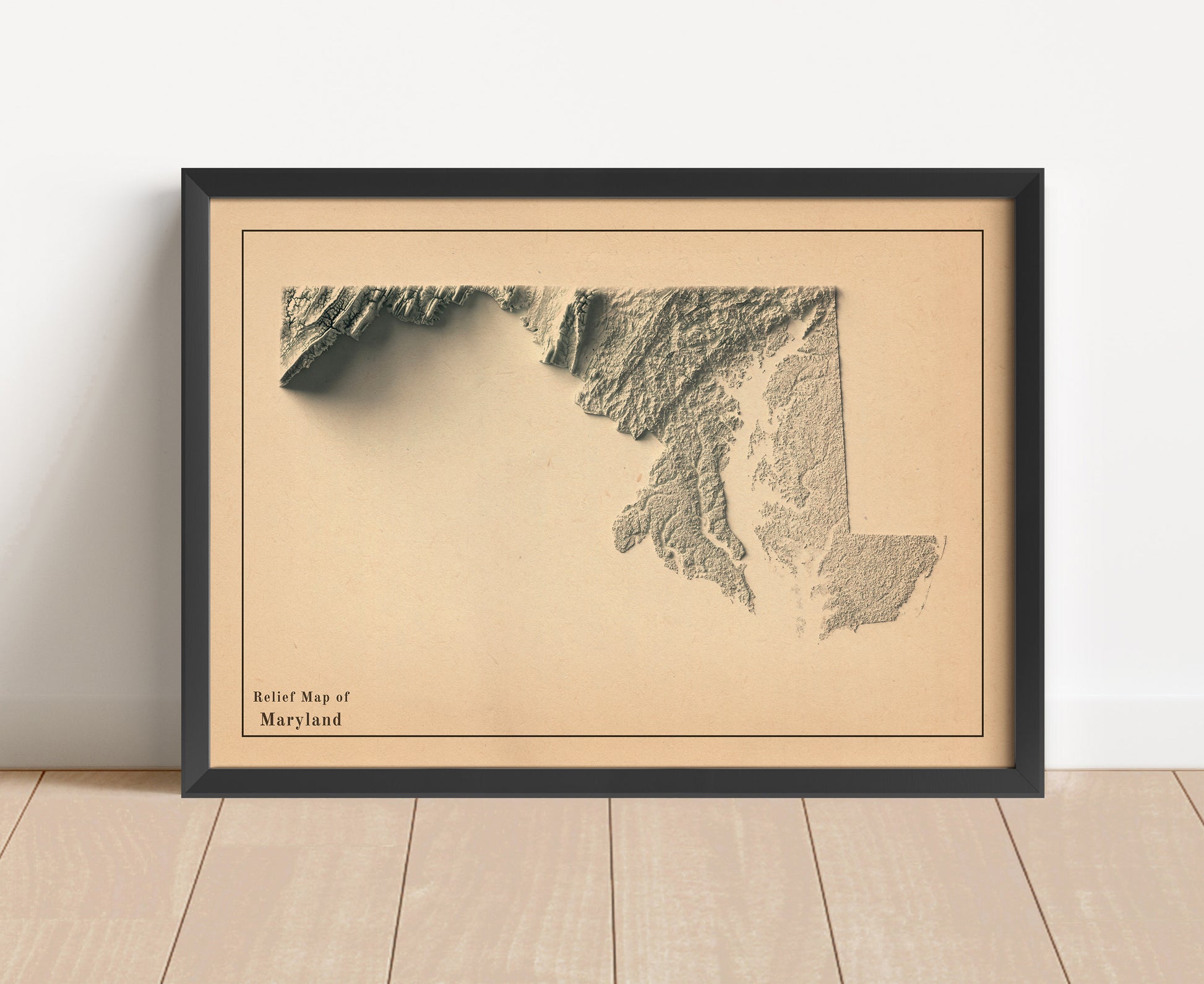 Vintage Maryland shaded relief map in black frame. Artistic print with realistic terrain effect for wall decor