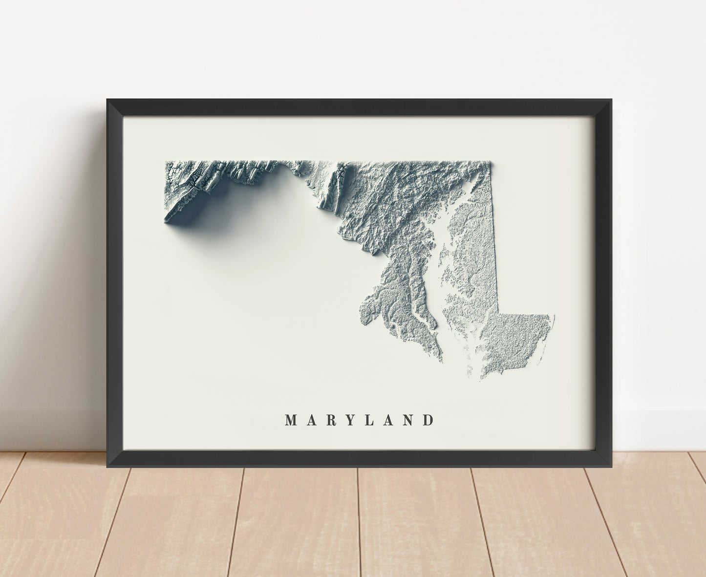 Maryland shaded relief map in black frame. Artistic print with realistic terrain effect for wall decor