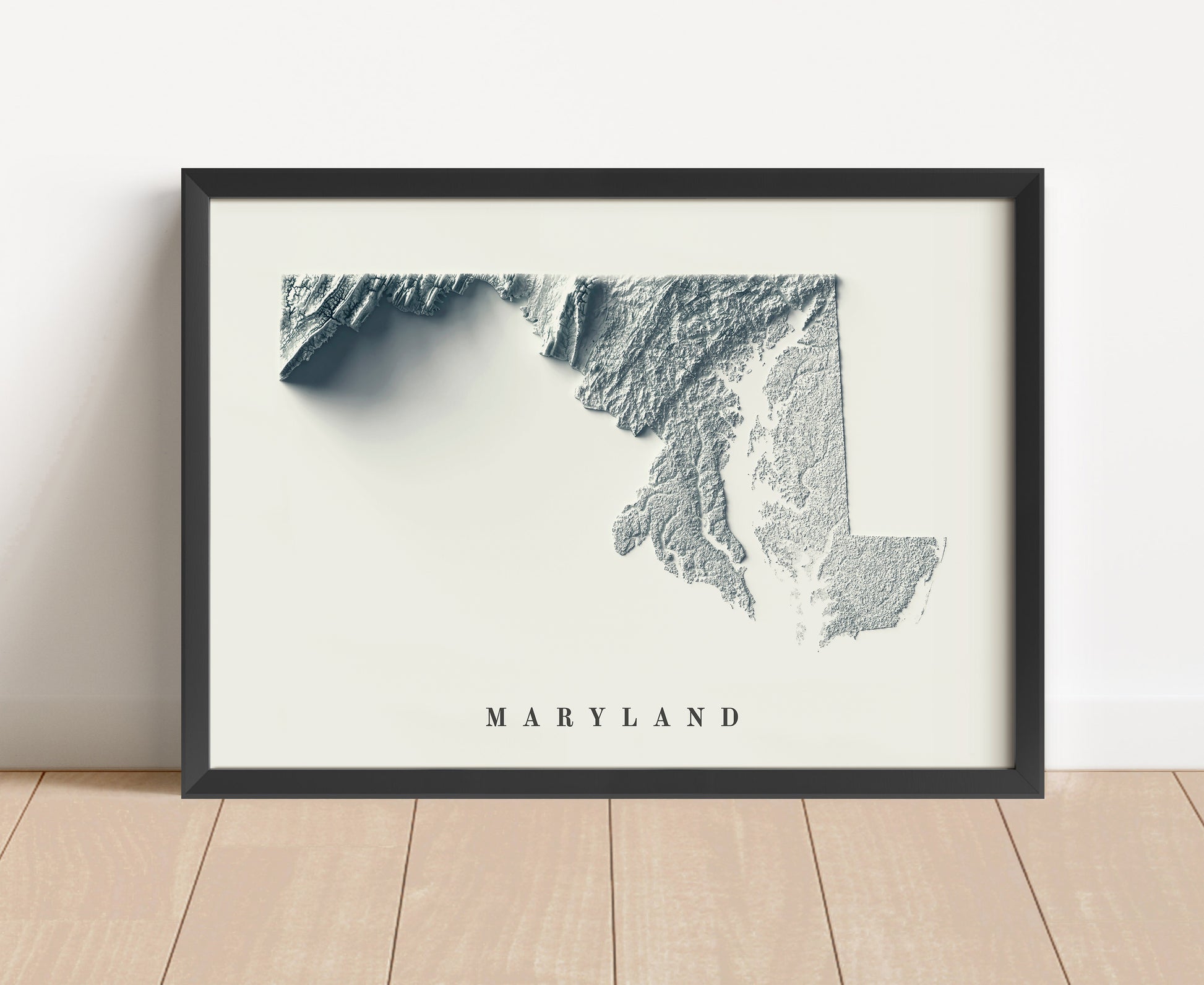 Maryland shaded relief map in black frame. Artistic print with realistic terrain effect for wall decor