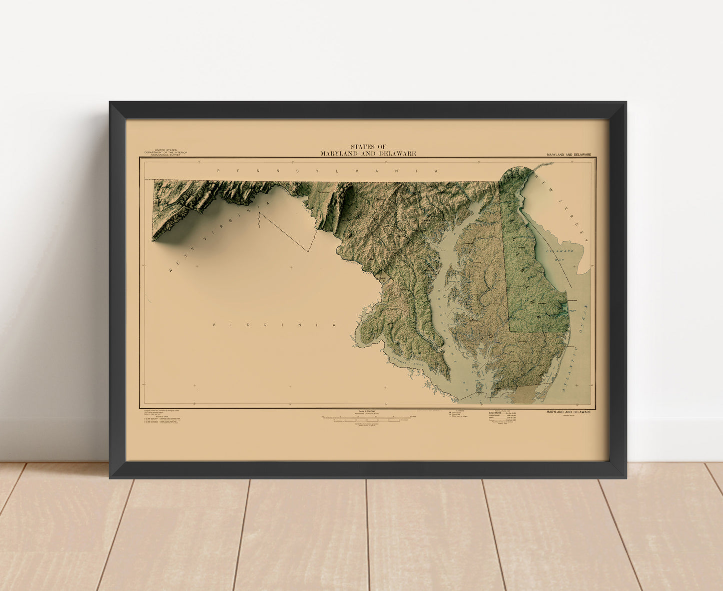 Vintage Maryland shaded relief map in black frame. Artistic print with realistic terrain effect for wall decor