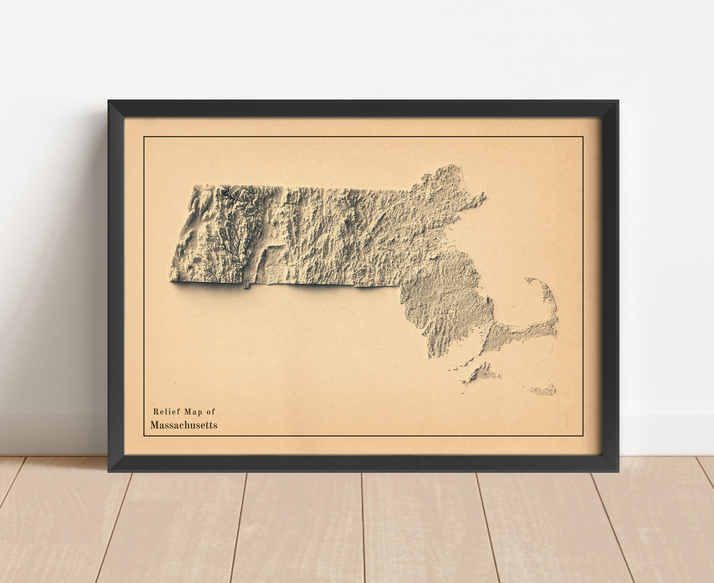 Vintage Massachusetts shaded relief map in black frame. Artistic print with realistic terrain effect for wall decor