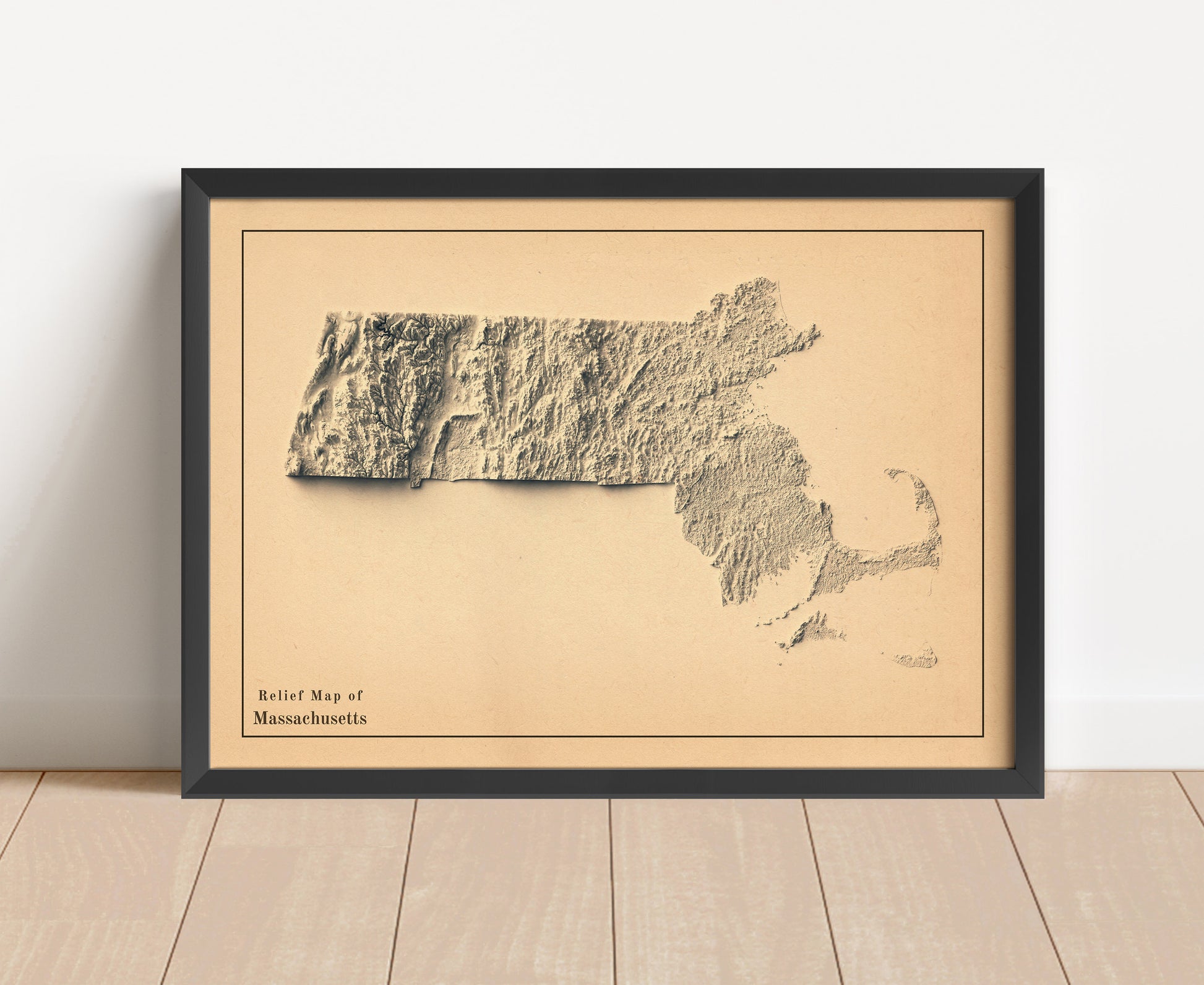 Vintage Massachusetts shaded relief map in black frame. Artistic print with realistic terrain effect for wall decor