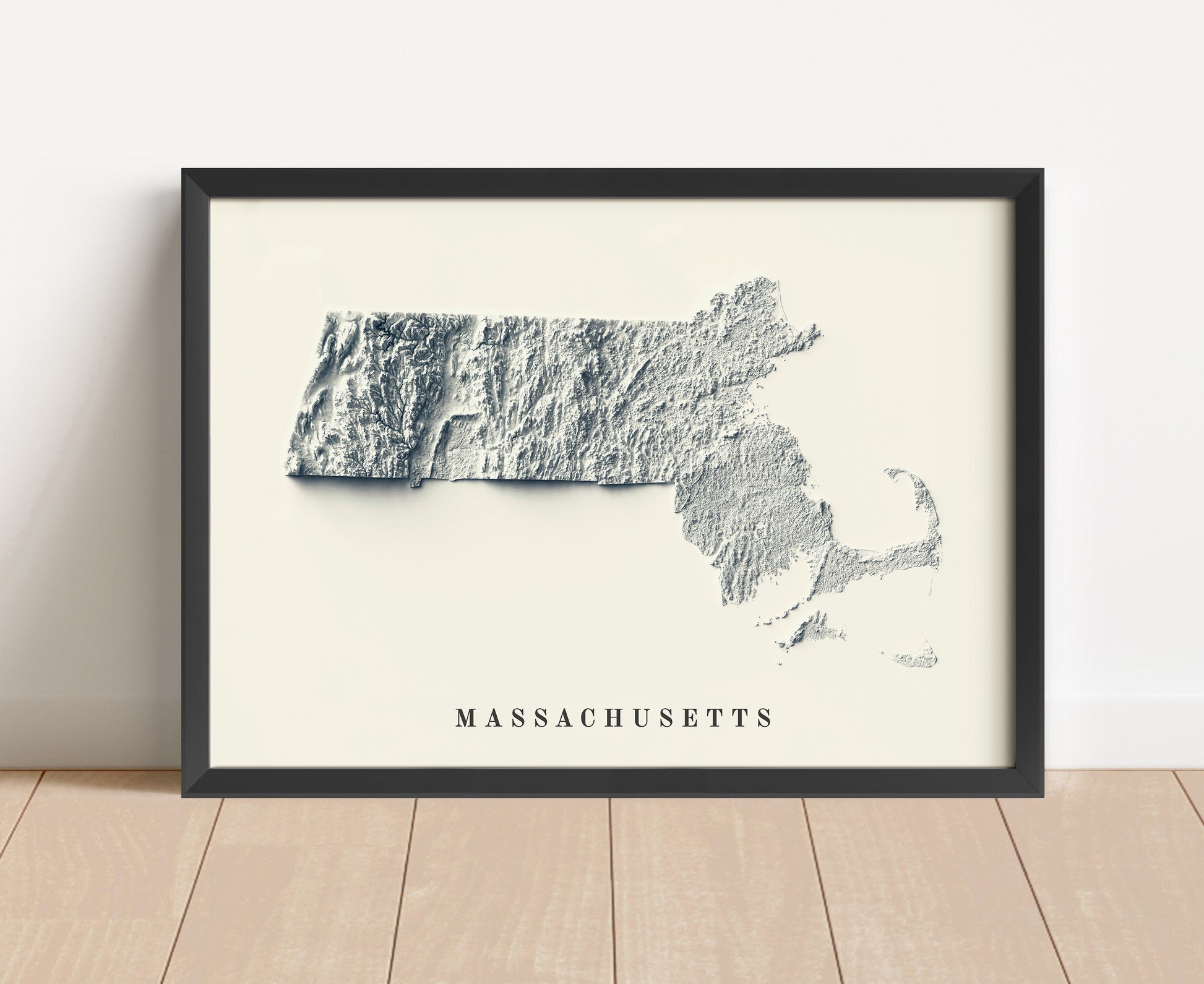 Massachusetts shaded relief map in black frame. Artistic print with realistic terrain effect for wall decor