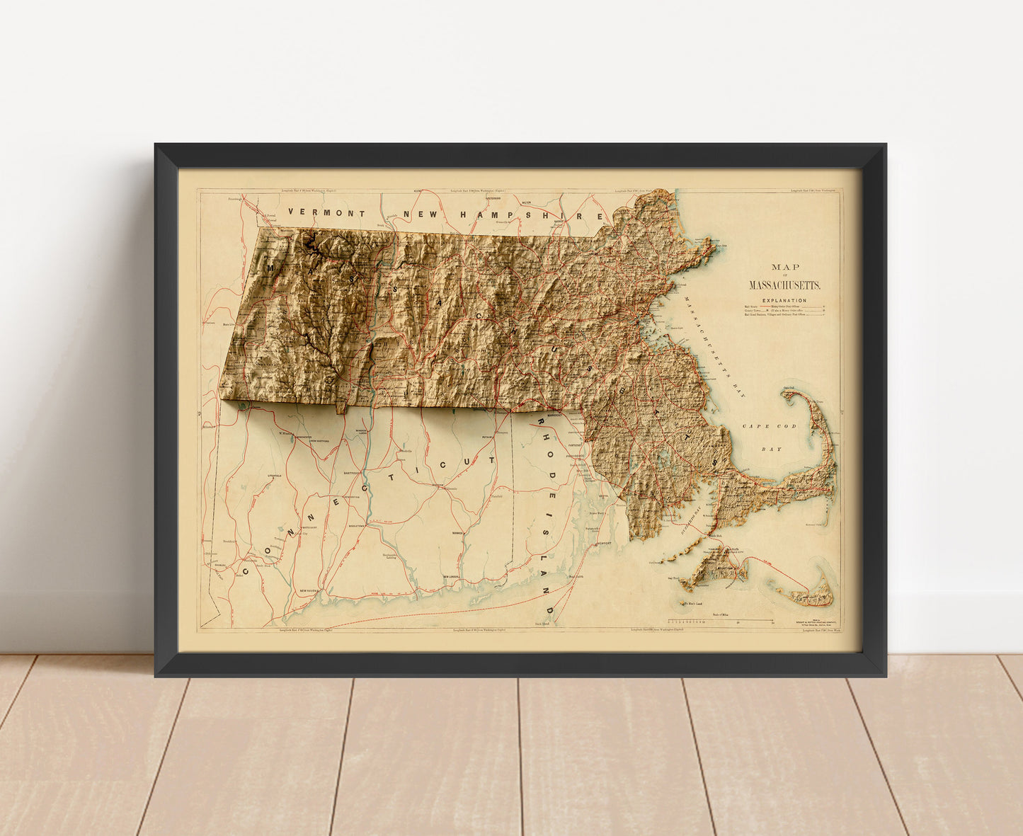 Vintage Massachusetts shaded relief map in black frame. Artistic print with realistic terrain effect for wall decor