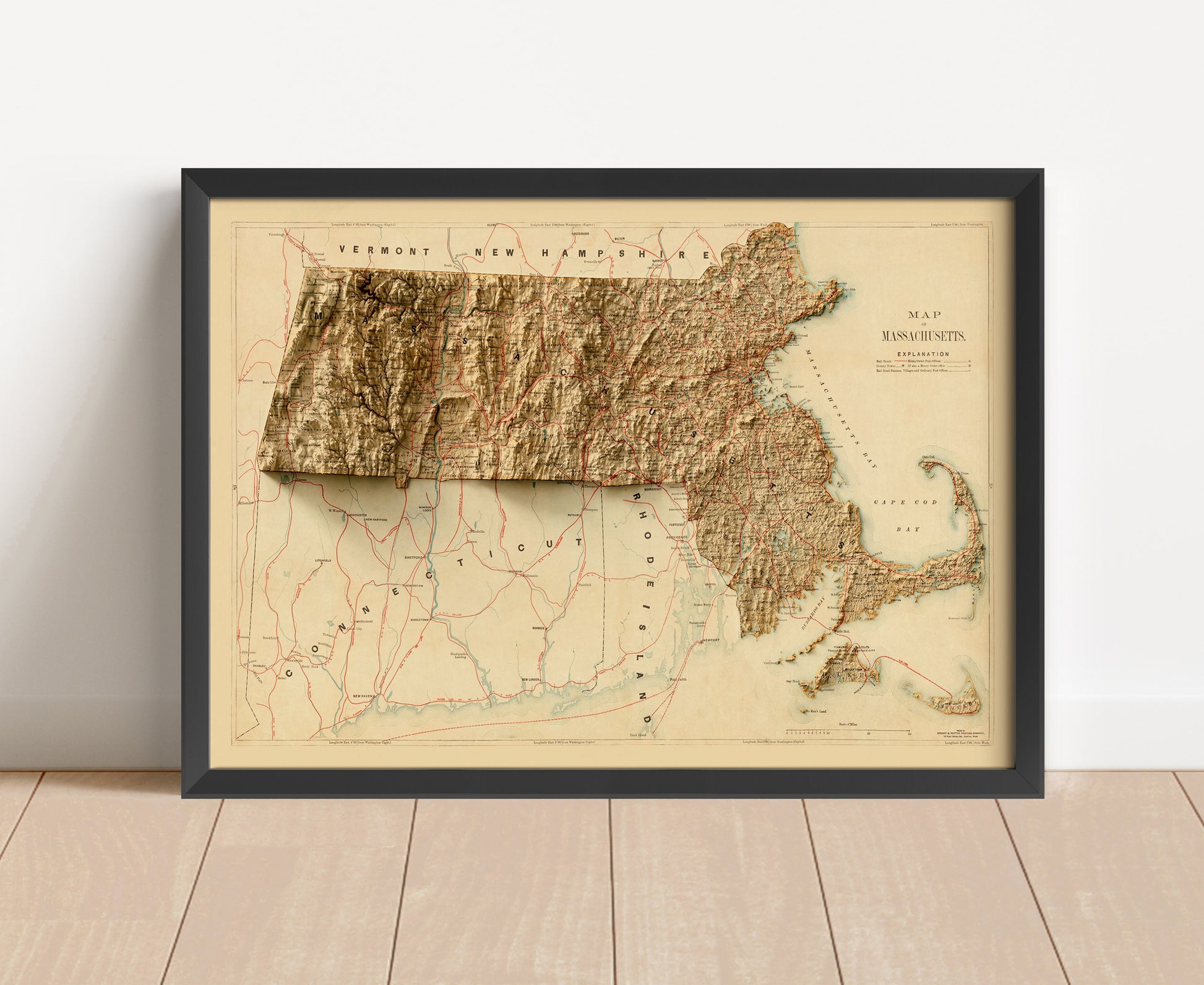 Vintage Massachusetts shaded relief map in black frame. Artistic print with realistic terrain effect for wall decor