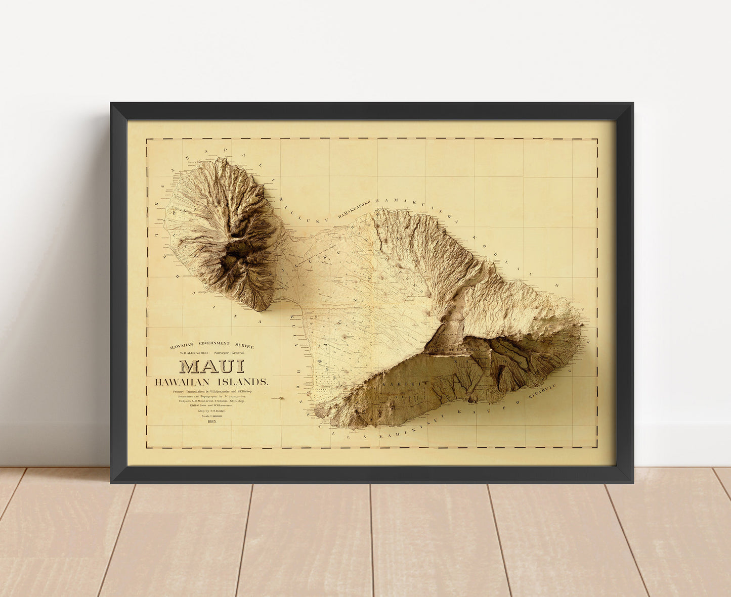 Vintage Maui, Hawaii, shaded relief map in black frame. Artistic print with realistic terrain effect for wall decor