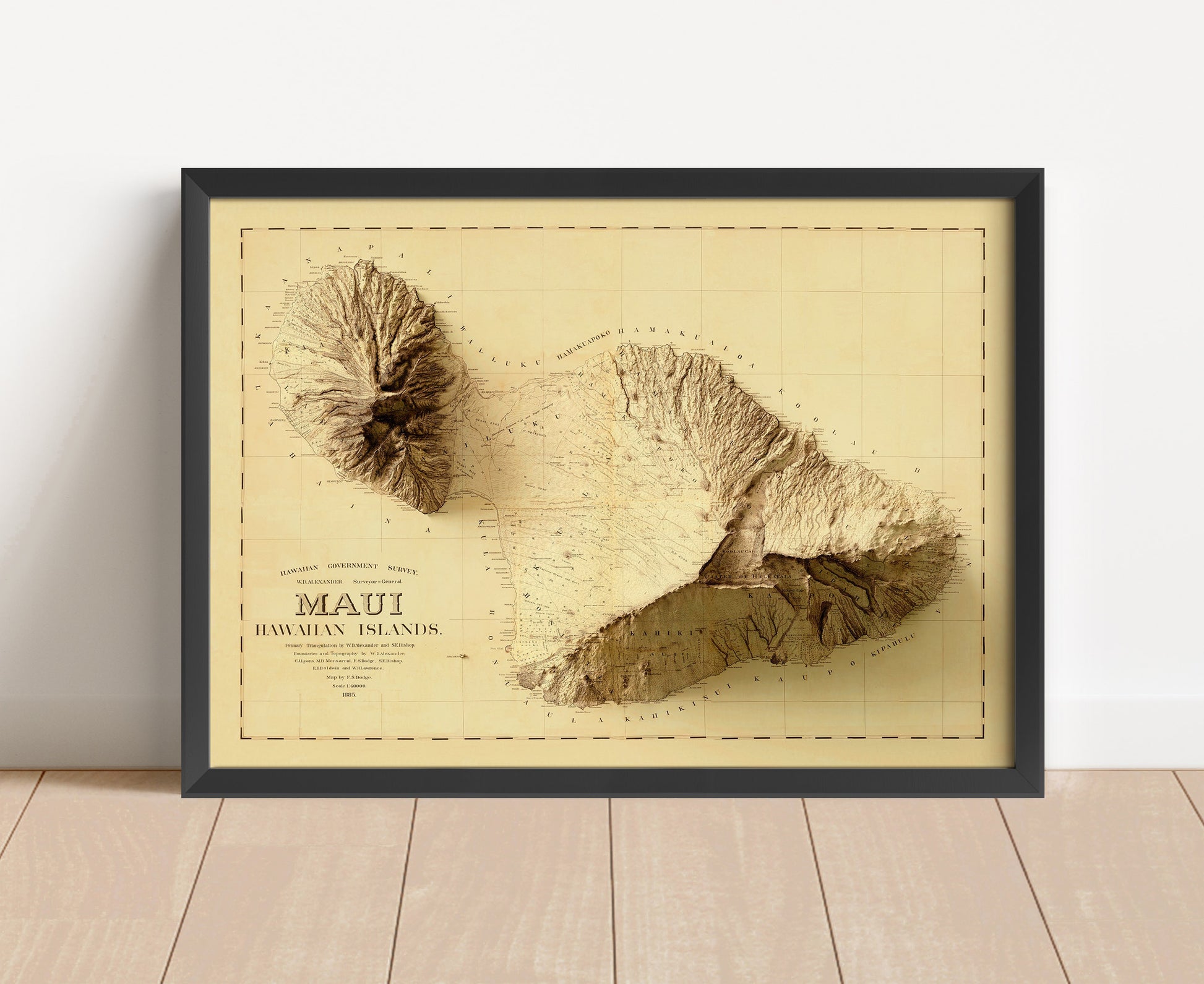 Vintage Maui, Hawaii, shaded relief map in black frame. Artistic print with realistic terrain effect for wall decor