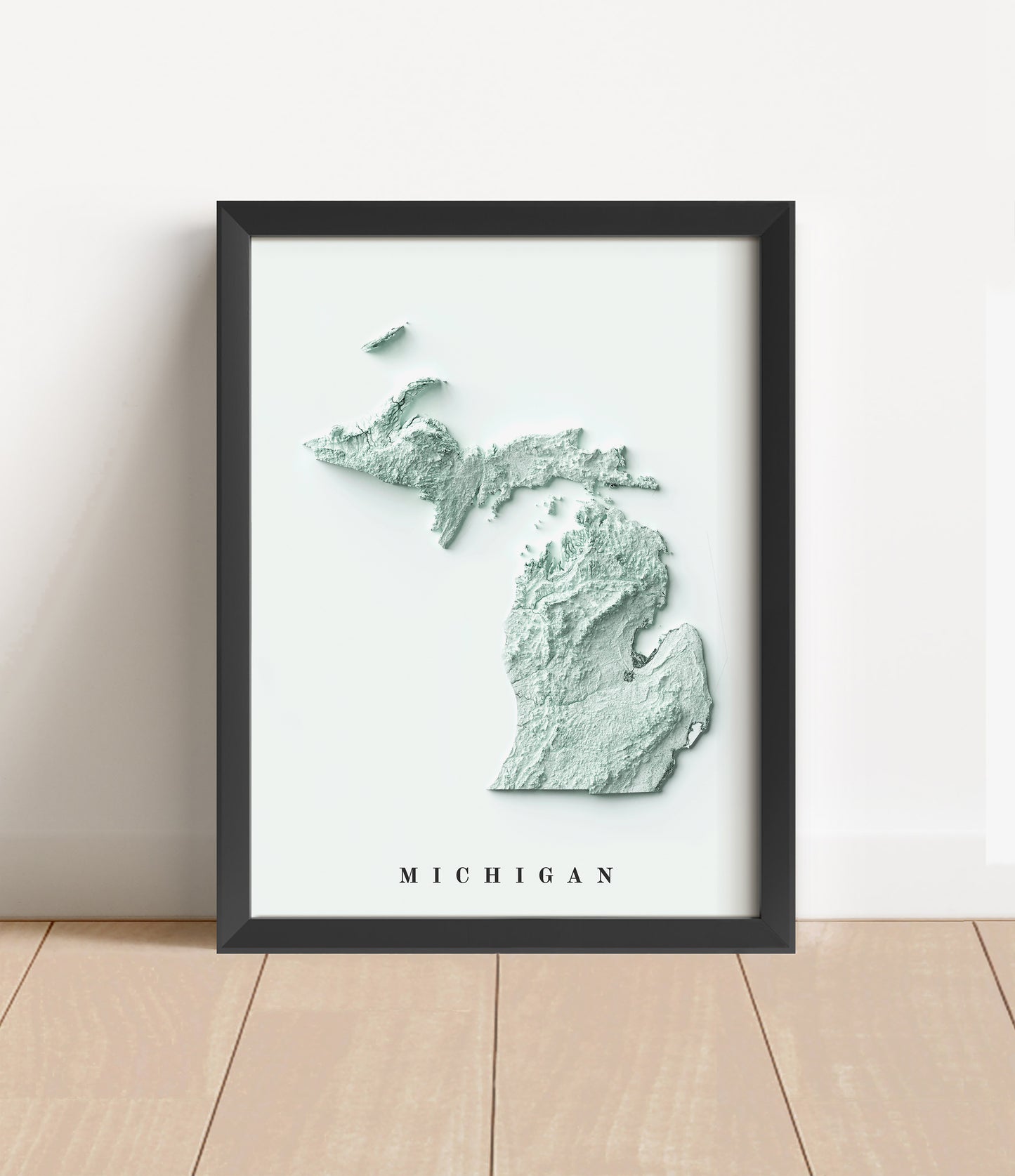 Michigan shaded relief map in black frame. Artistic print with realistic terrain effect for wall decor