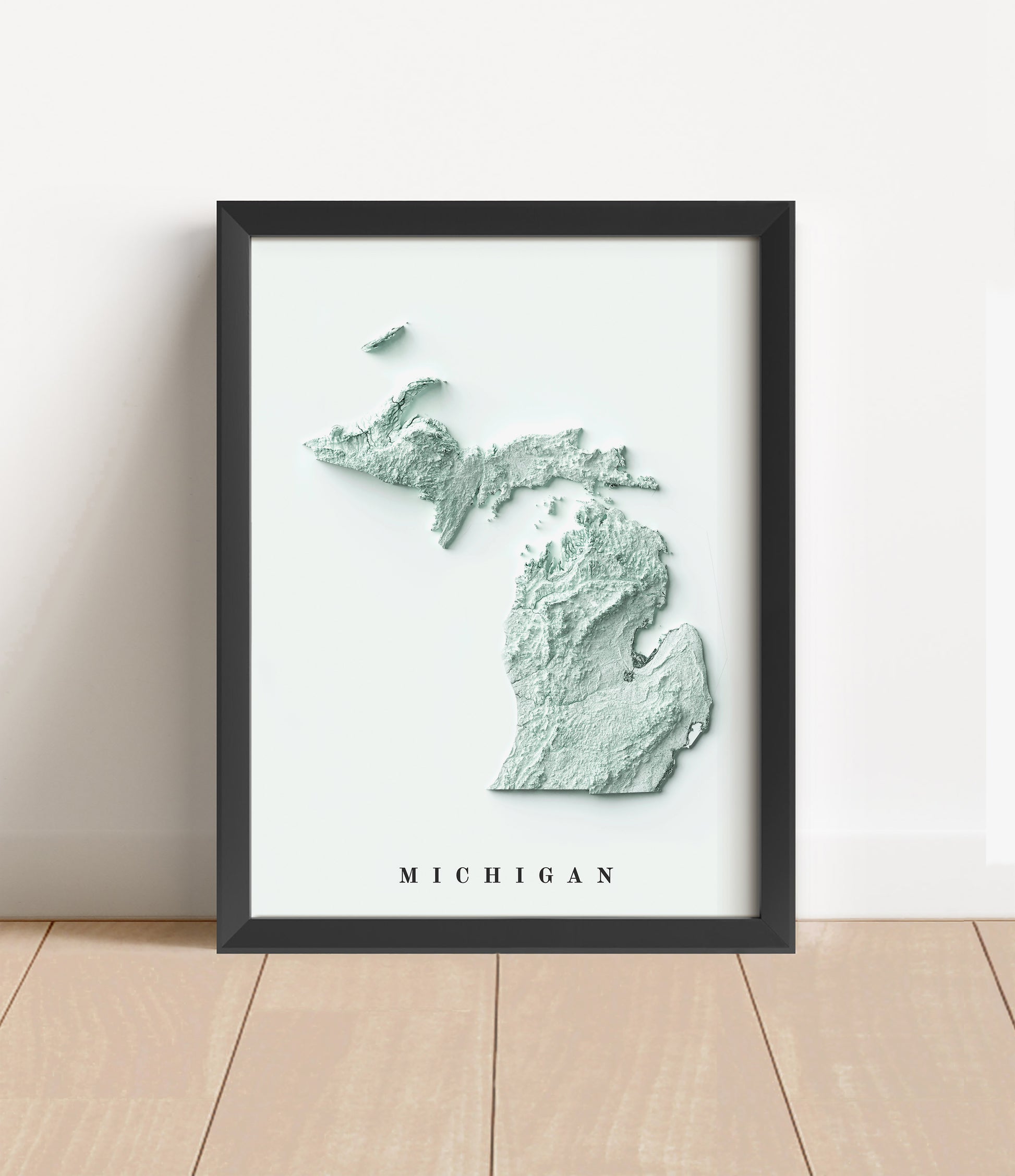 Michigan shaded relief map in black frame. Artistic print with realistic terrain effect for wall decor