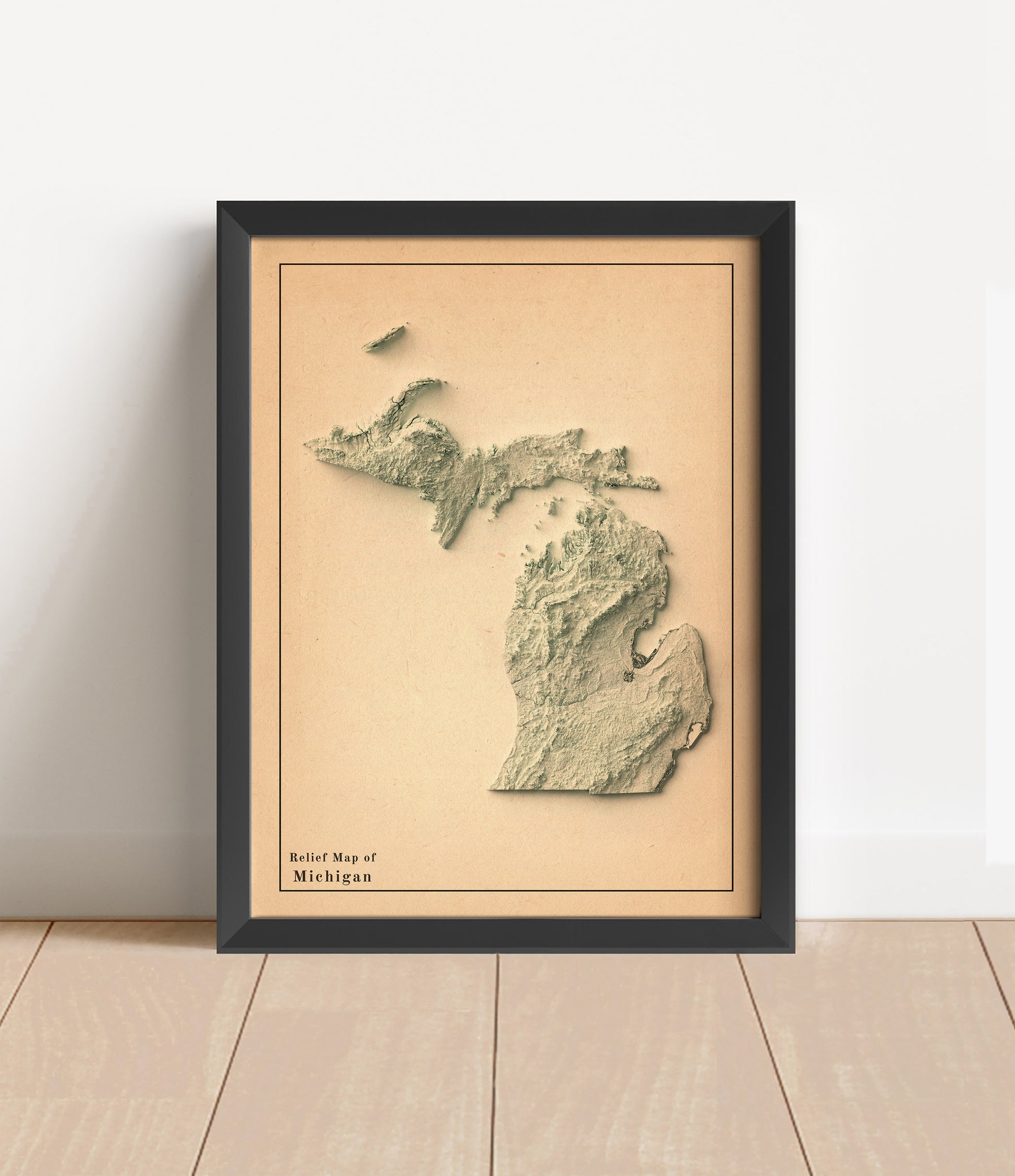 Vintage Michigan shaded relief map in black frame. Artistic print with realistic terrain effect for wall decor
