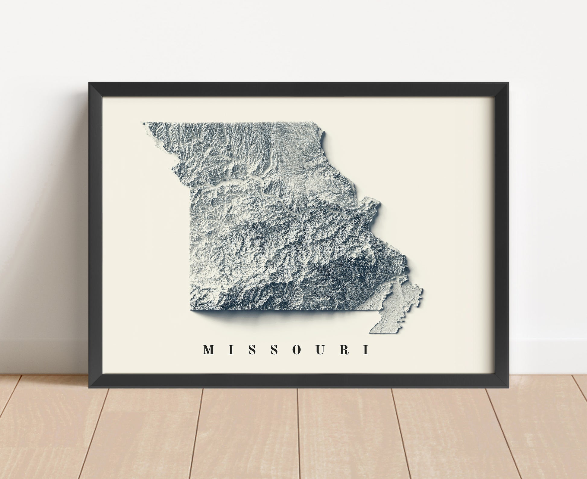 Missouri shaded relief map in black frame. Artistic print with realistic terrain effect for wall decor