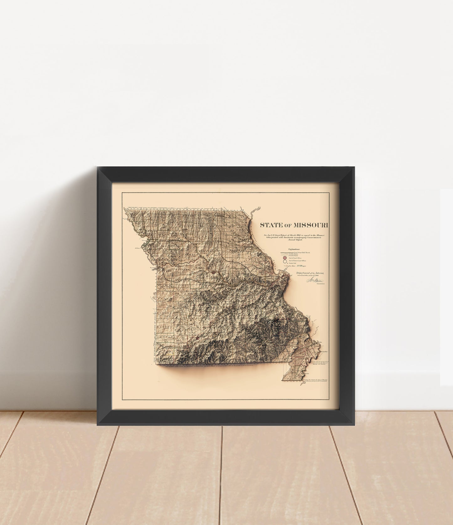 Vintage Missouri shaded relief map in black frame. Artistic print with realistic terrain effect for wall decor