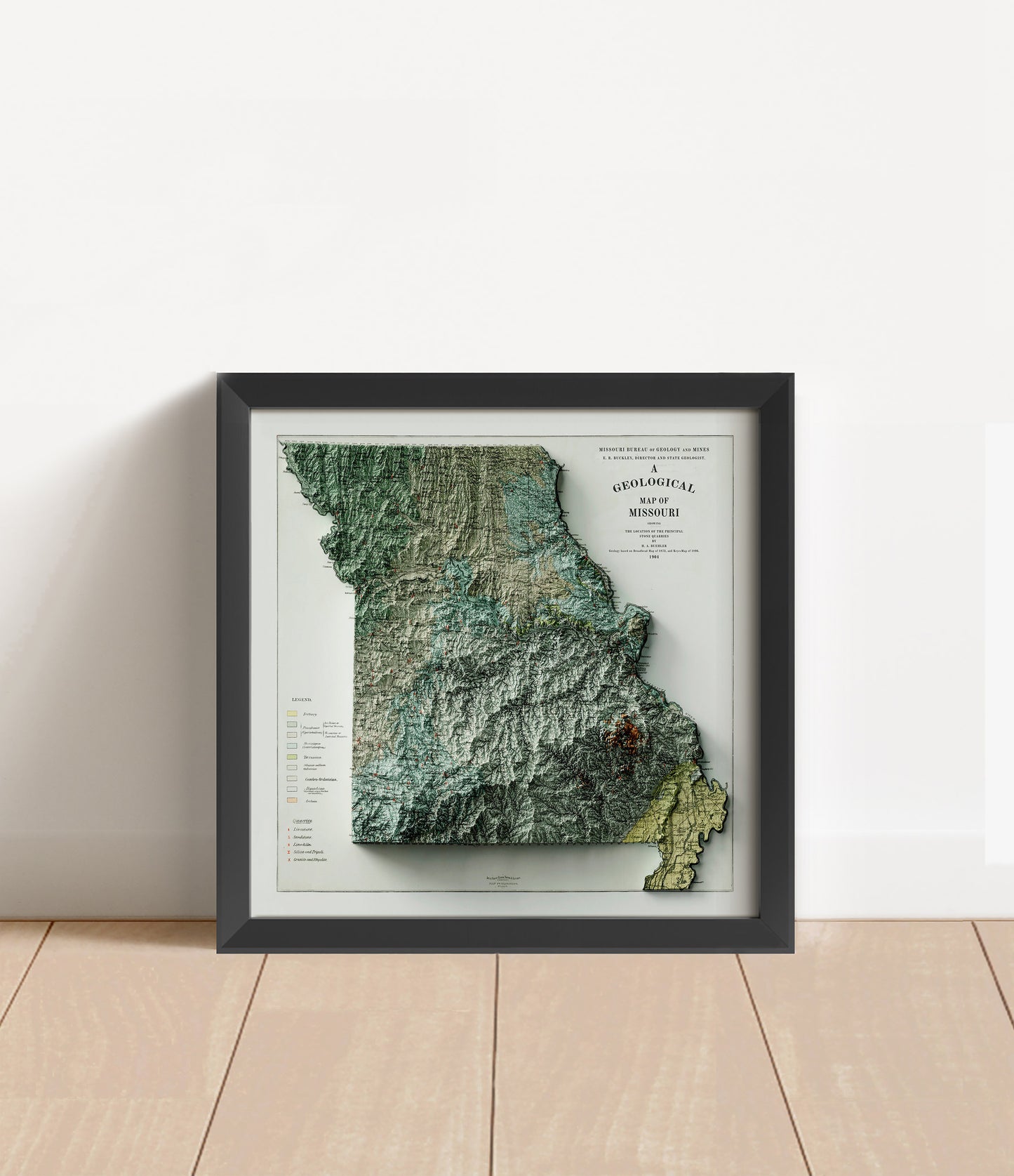 Vintage Missouri shaded relief map in black frame. Artistic print with realistic terrain effect for wall decor