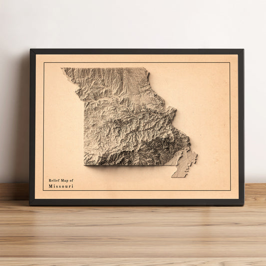 Missouri USA vintage framed shaded relief map in black frame. Artistic print highlighting mountains with a realistic terrain effect