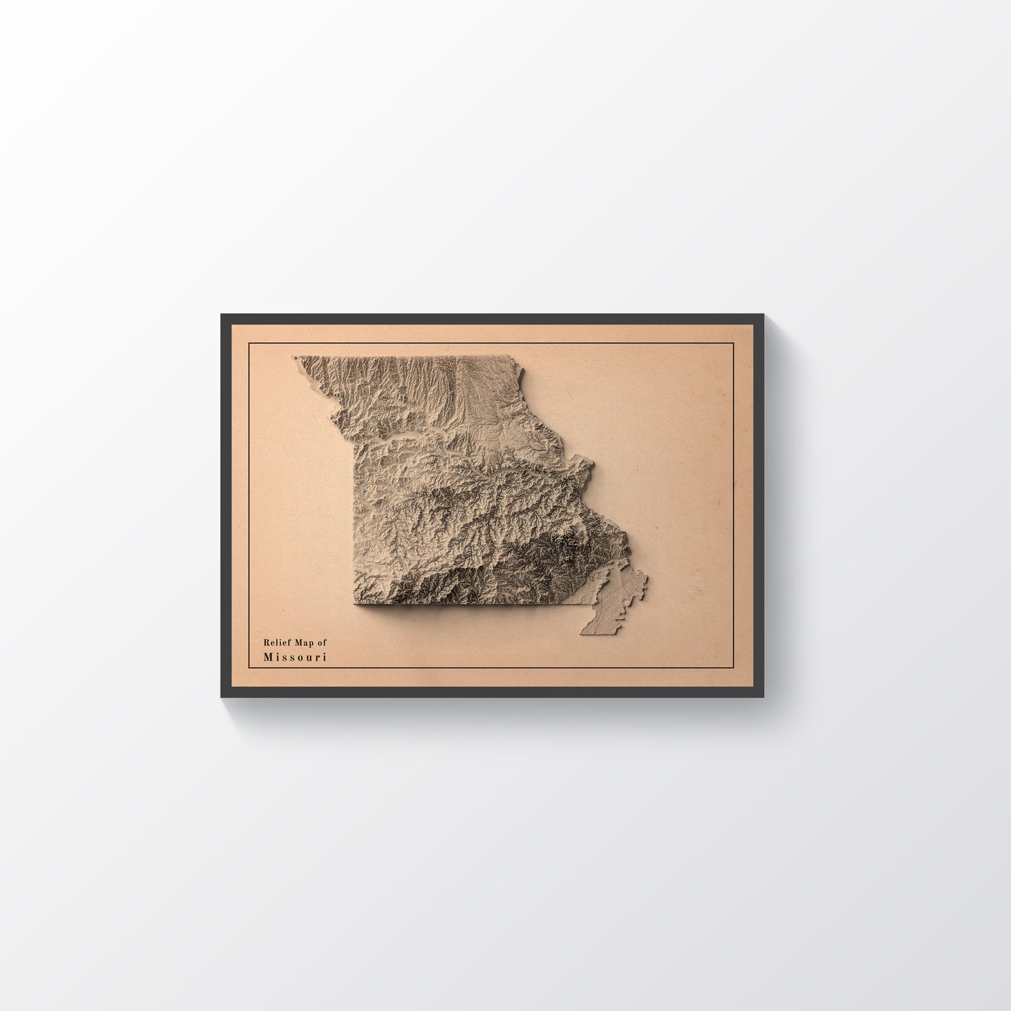 Missouri USA vintage framed shaded relief map in black frame. Artistic print highlighting mountains with a realistic terrain effect