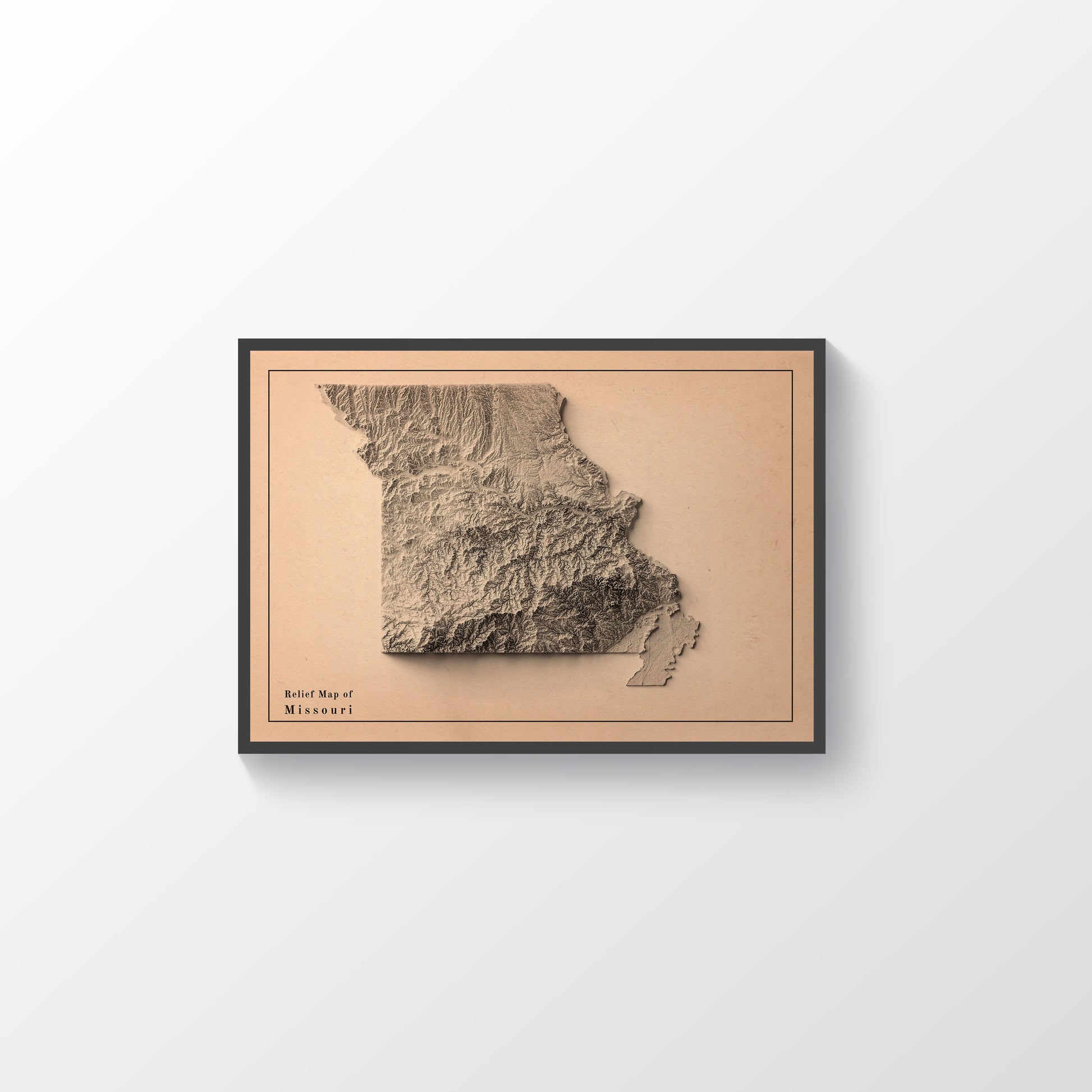 Missouri USA vintage framed shaded relief map in black frame. Artistic print highlighting mountains with a realistic terrain effect