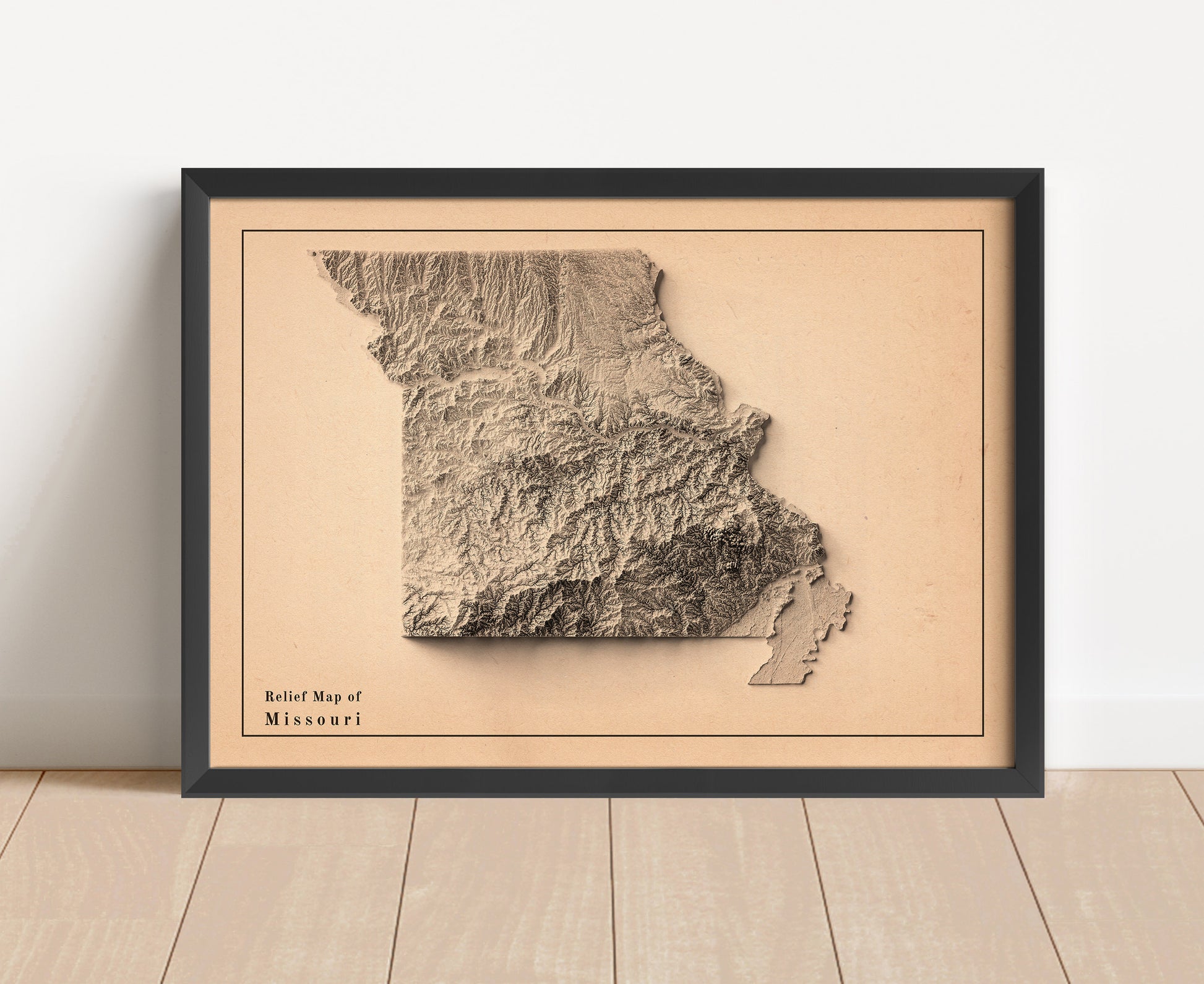 Vintage Missouri USA shaded relief map in black frame. Artistic print with realistic terrain effect for wall decor