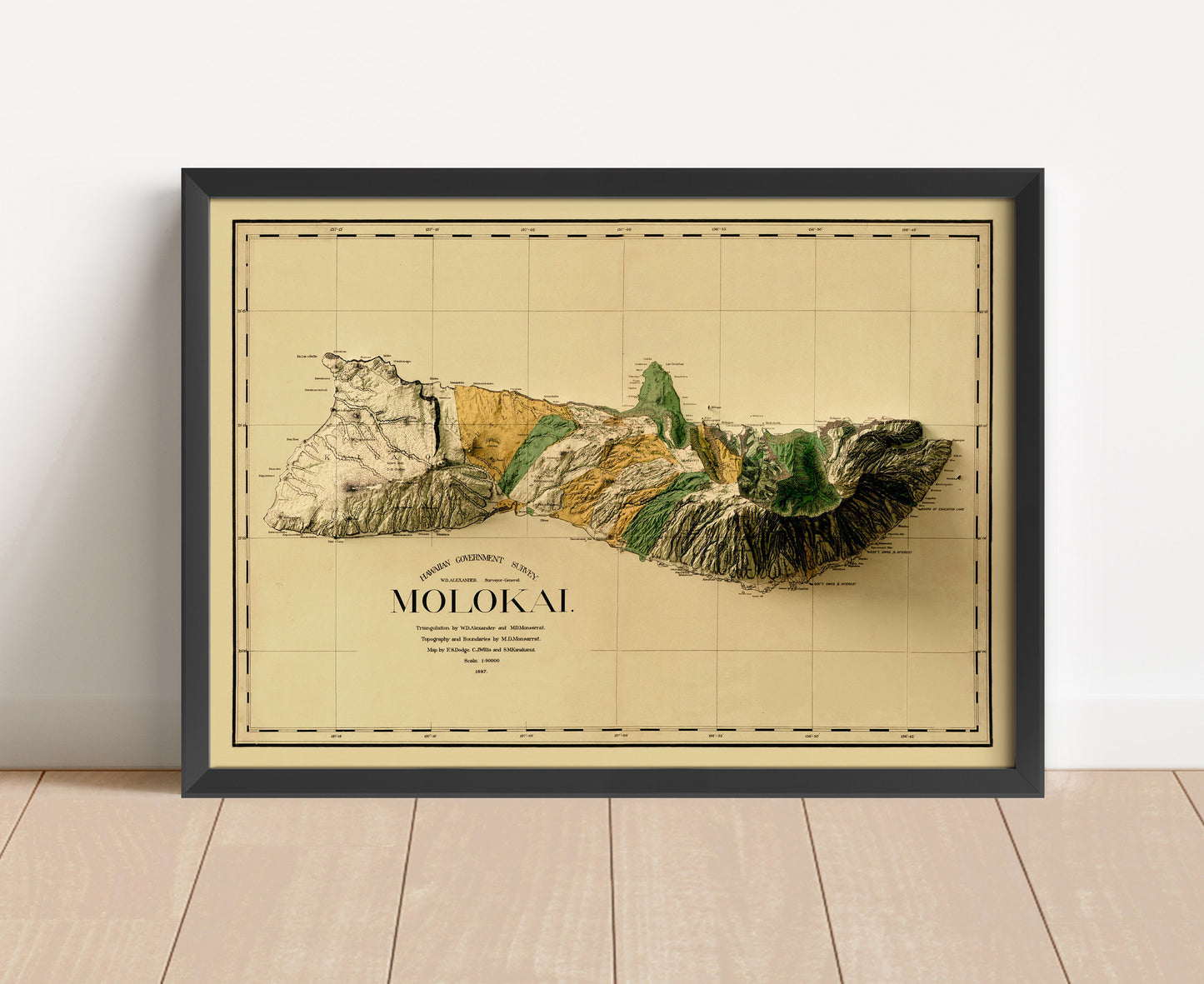 Vintage Molokai, Hawaii, shaded relief map in black frame. Artistic print with realistic terrain effect for wall decor
