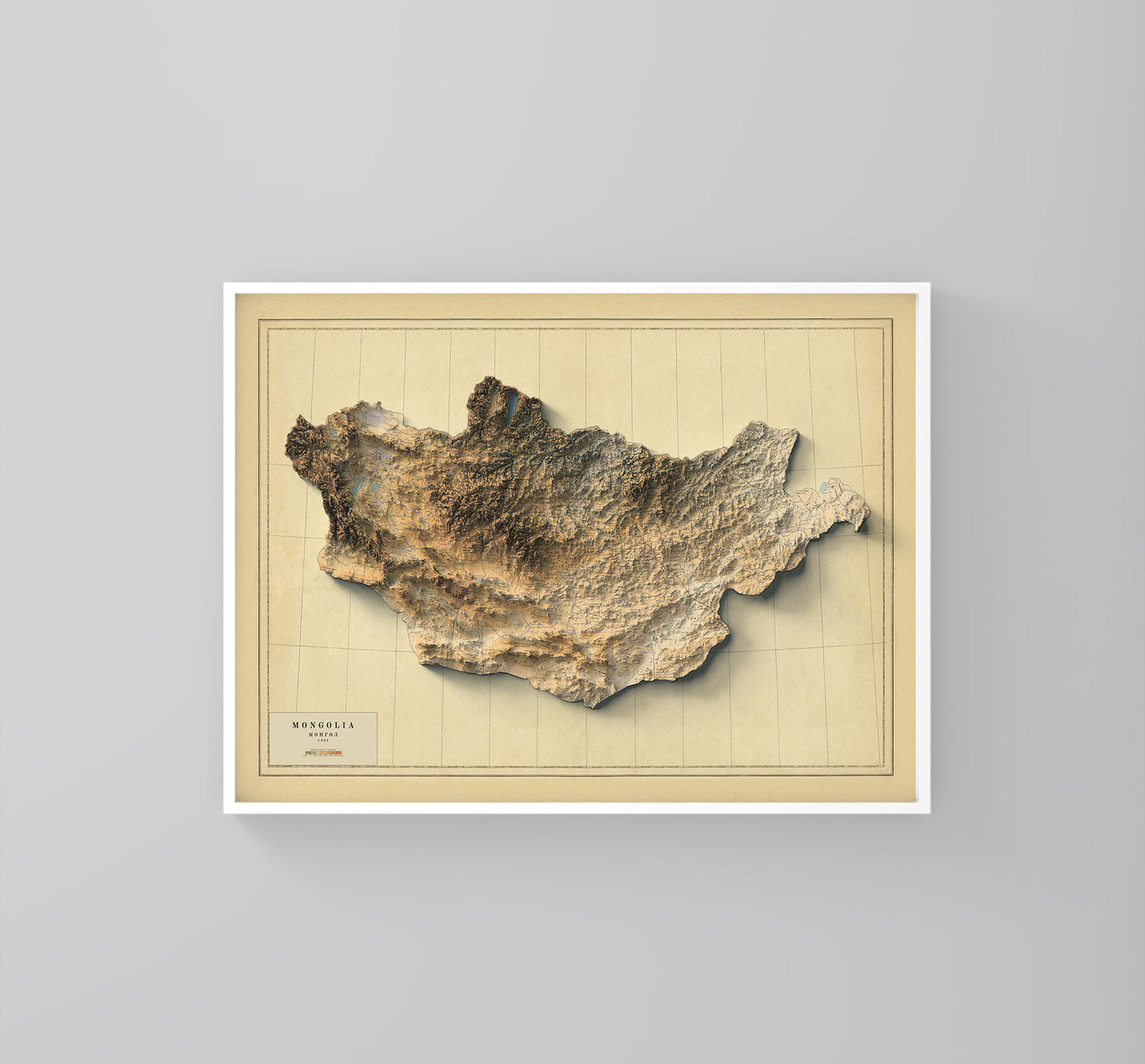 Mongolia vintage framed shaded relief map in white frame. Artistic print highlighting mountains with a realistic 3d effect