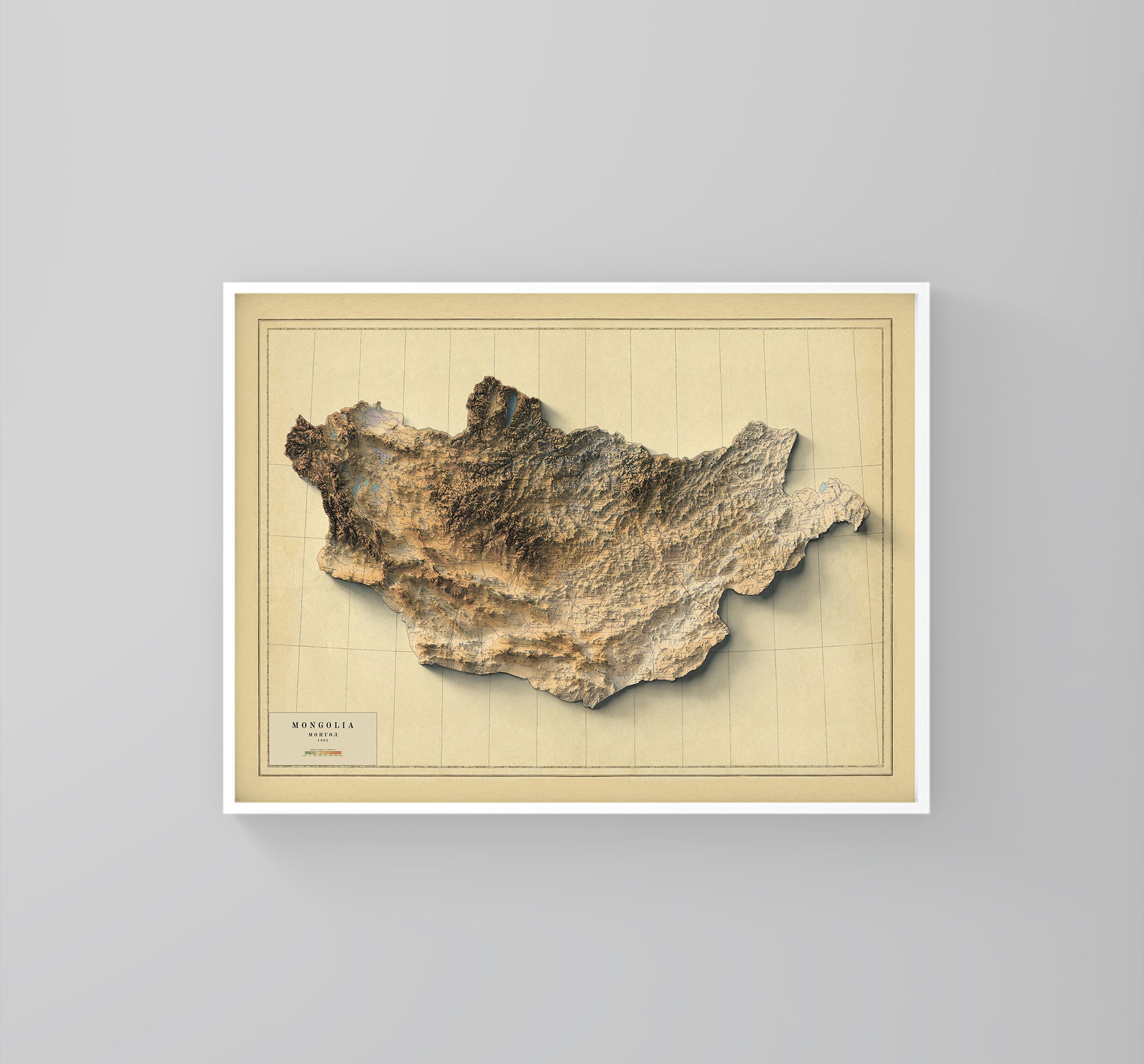 Mongolia vintage framed shaded relief map in white frame. Artistic print highlighting mountains with a realistic 3d effect