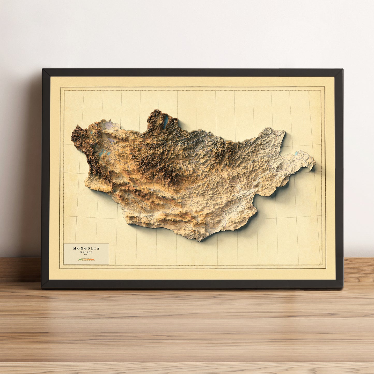 Mongolia vintage framed shaded relief map in black frame. Artistic print highlighting mountains with a realistic terrain effect