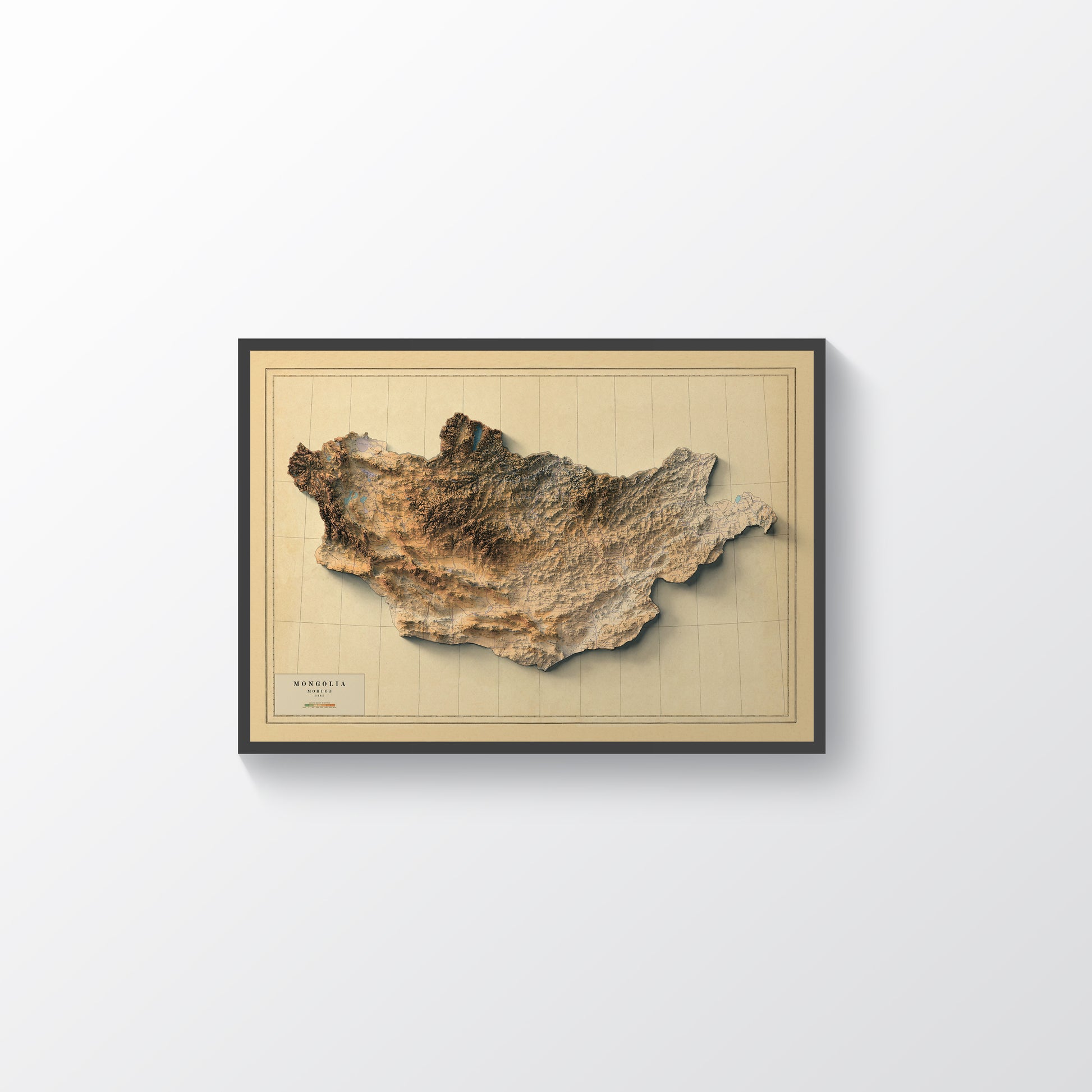 Mongolia vintage framed shaded relief map in black frame. Artistic print highlighting mountains with a realistic terrain effect