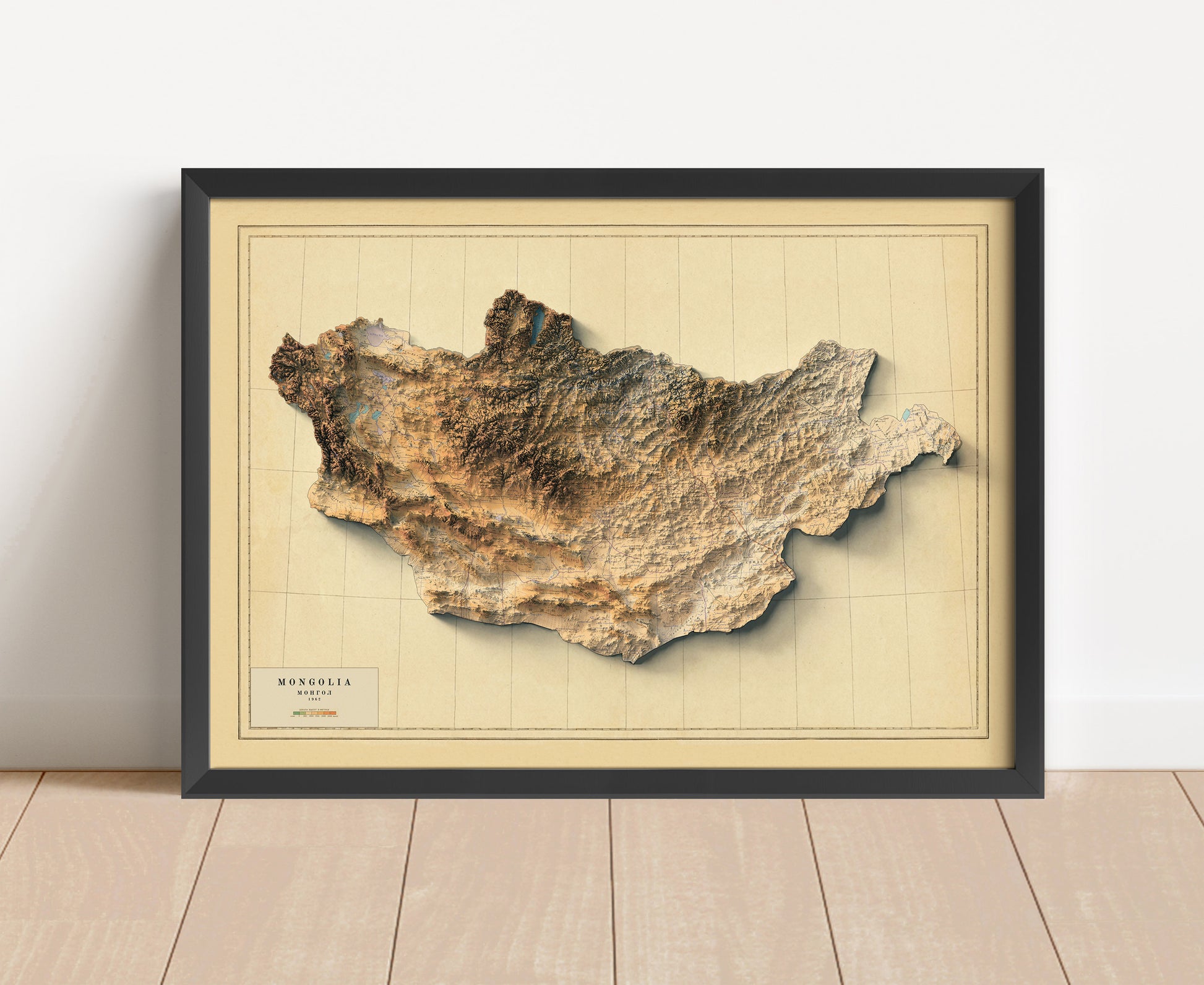 Vintage Mongolia shaded relief map in black frame. Artistic print with realistic terrain effect for wall decor.