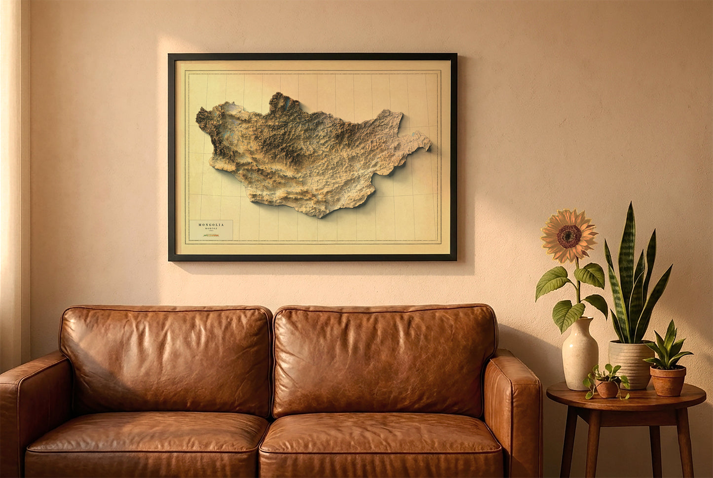 Mongolia vintage relief map in a black frame above a brown leather sofa. Boho living room with warm sunlight, sunflower, and indoor plants on a wooden side table