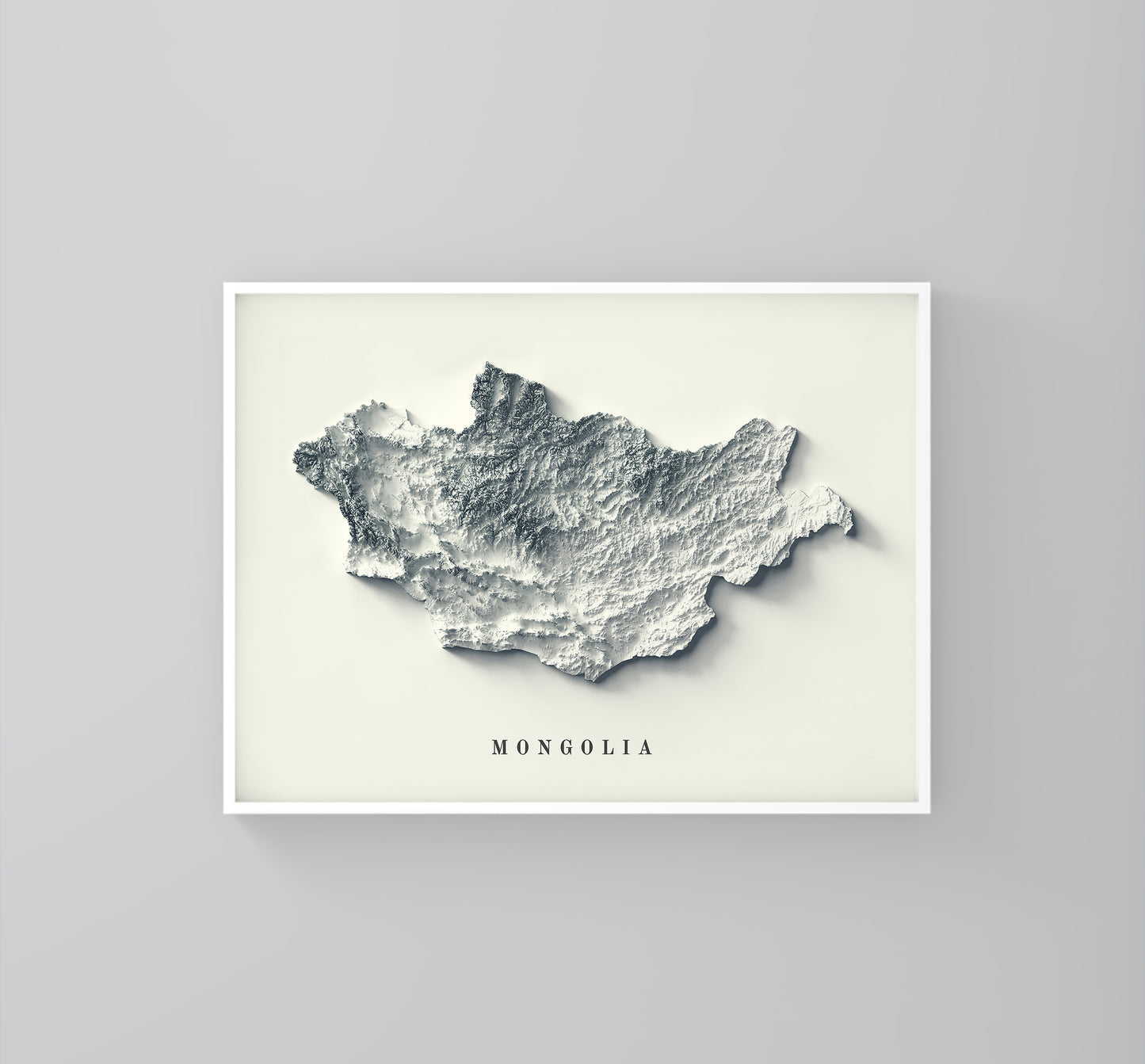 Mongolia framed shaded relief map in white frame. Artistic print highlighting mountains with a realistic 3d effect