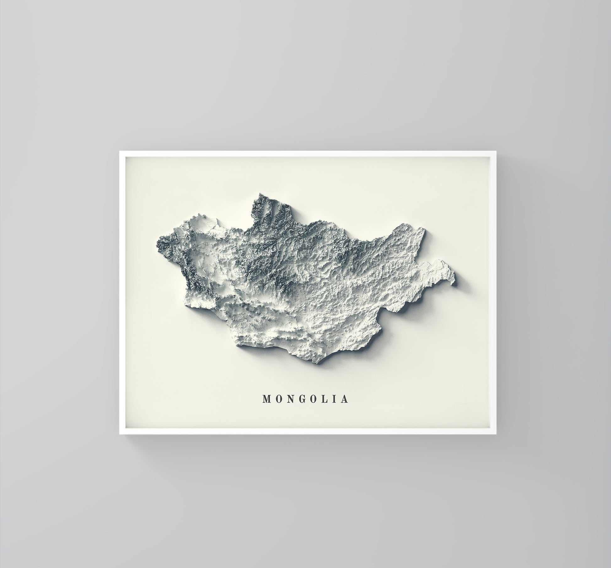 Mongolia framed shaded relief map in white frame. Artistic print highlighting mountains with a realistic 3d effect