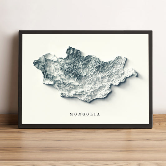 Mongolia framed shaded relief map in black frame. Artistic print highlighting mountains with a realistic terrain effect