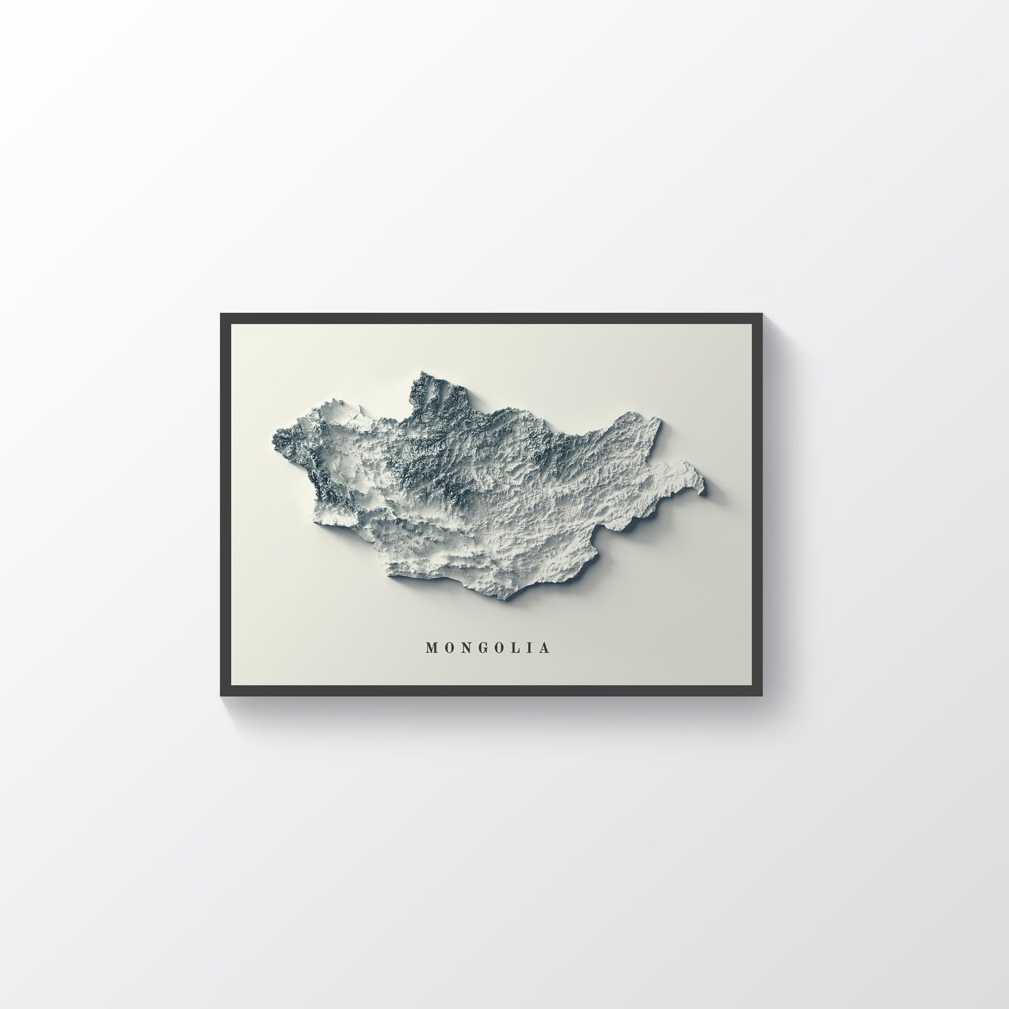 Mongolia framed shaded relief map in black frame. Artistic print highlighting mountains with a realistic terrain effect