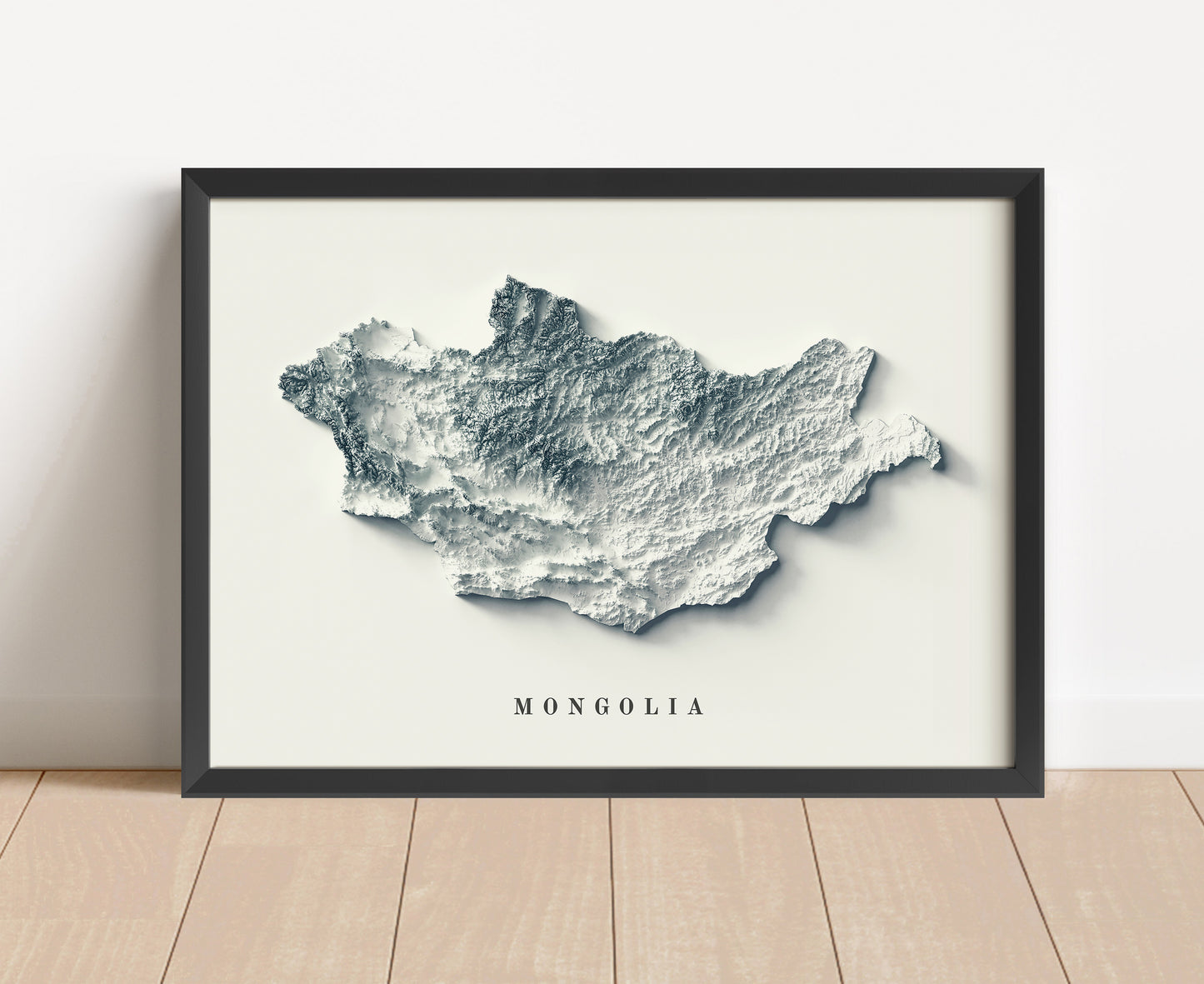 Mongolia shaded relief map in black frame. Artistic print with realistic terrain effect for wall decor.