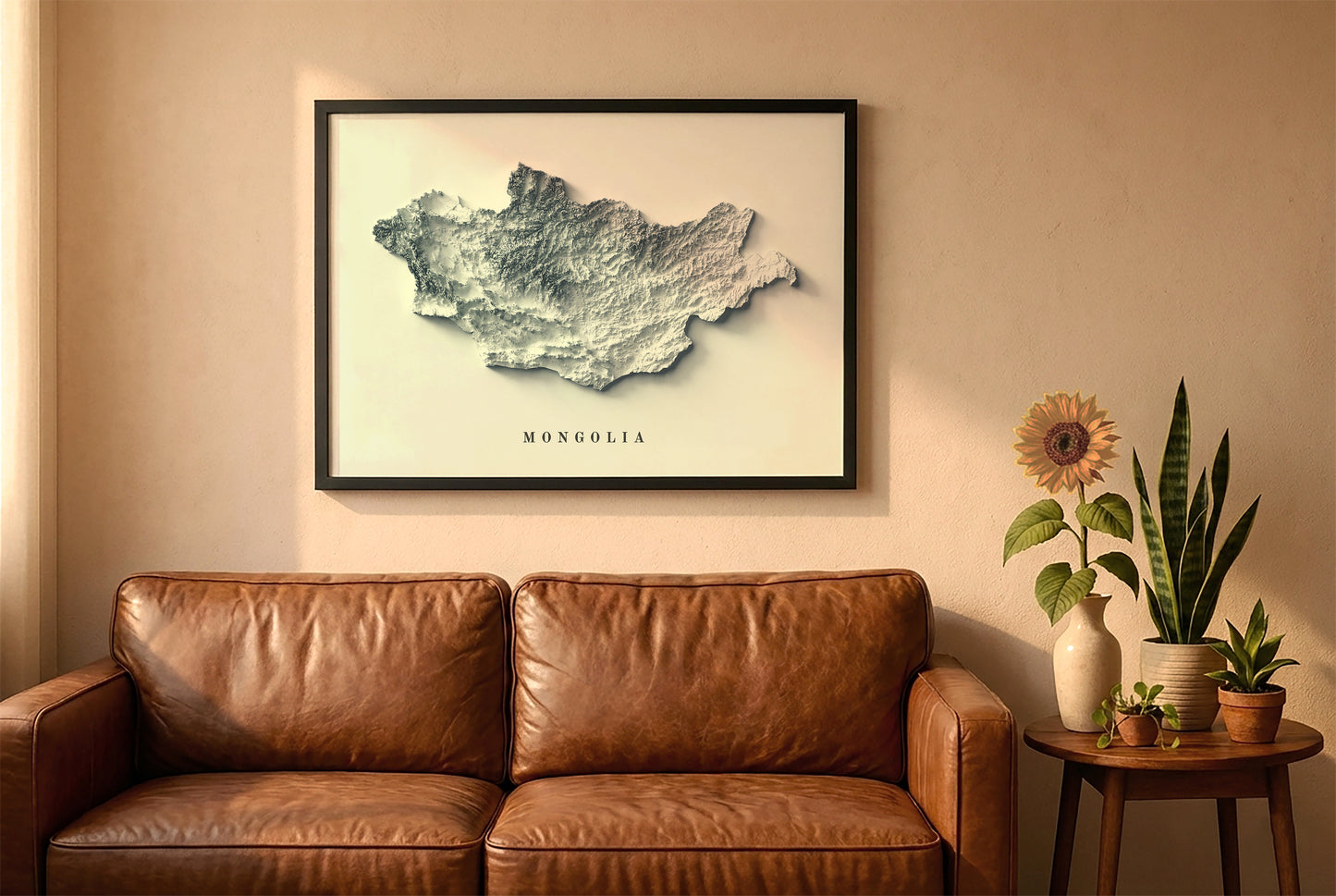 Mongolia relief map in a black frame above a brown leather sofa. Boho living room with warm sunlight, sunflower, and indoor plants on a wooden side table