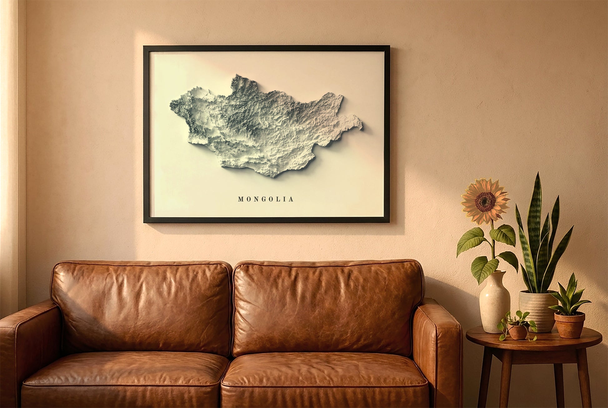 Mongolia relief map in a black frame above a brown leather sofa. Boho living room with warm sunlight, sunflower, and indoor plants on a wooden side table