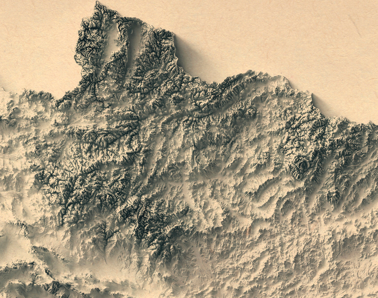 Detailed close-up of a vintage Mongolia relief map, showcasing textured topography and geographic contours