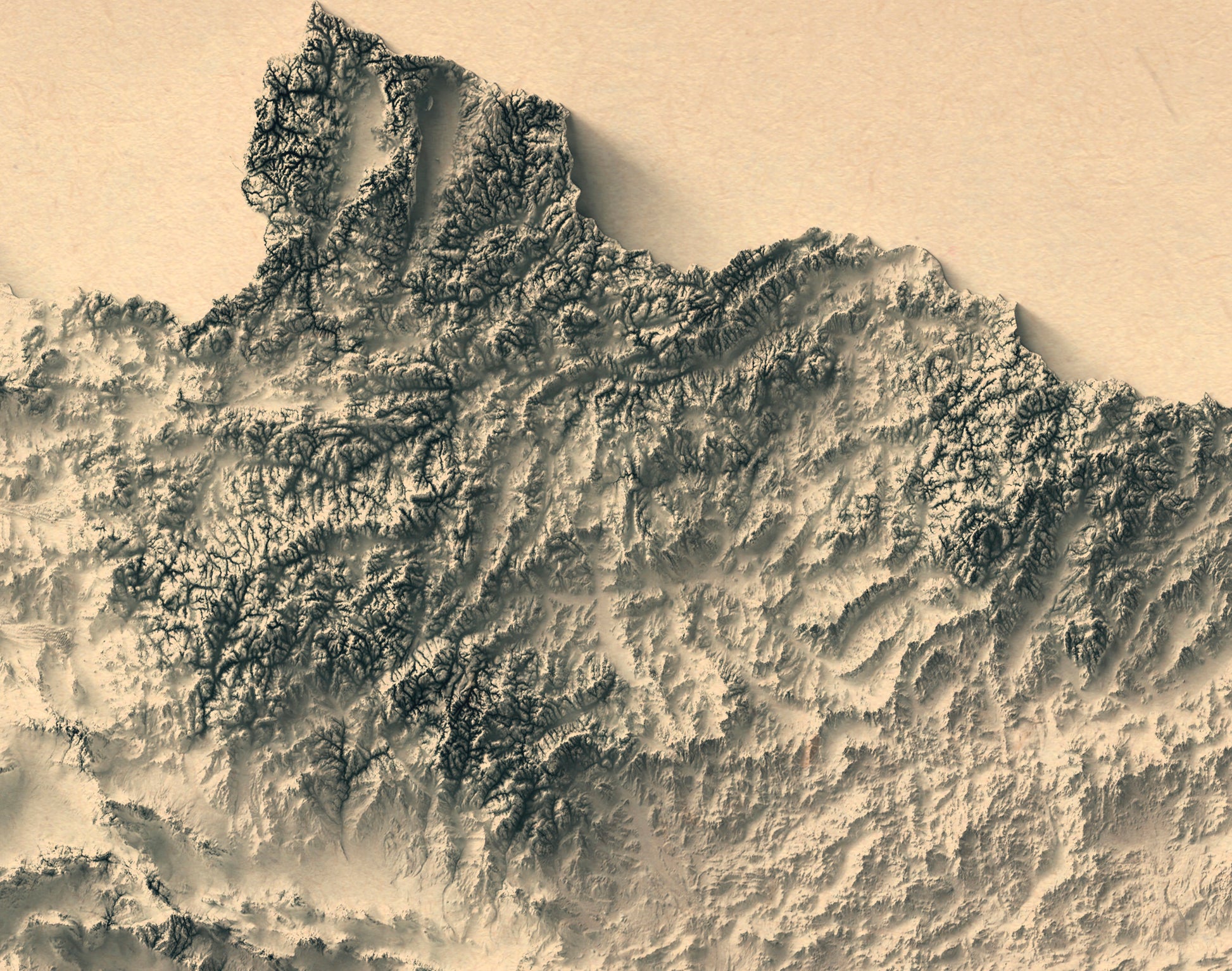 Detailed close-up of a vintage Mongolia relief map, showcasing textured topography and geographic contours