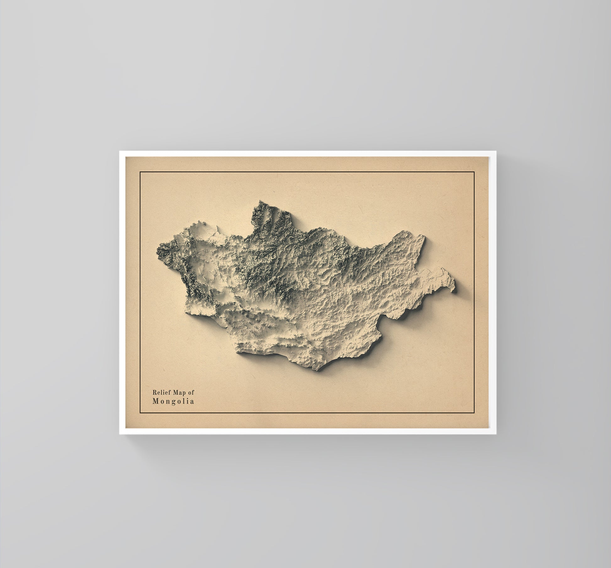 Mongolia vintage framed shaded relief map in white frame. Artistic print highlighting mountains with a realistic 3d effect