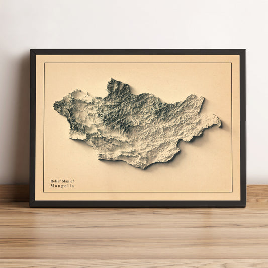 Mongolia vintage framed shaded relief map in black frame. Artistic print highlighting mountains with a realistic terrain effect