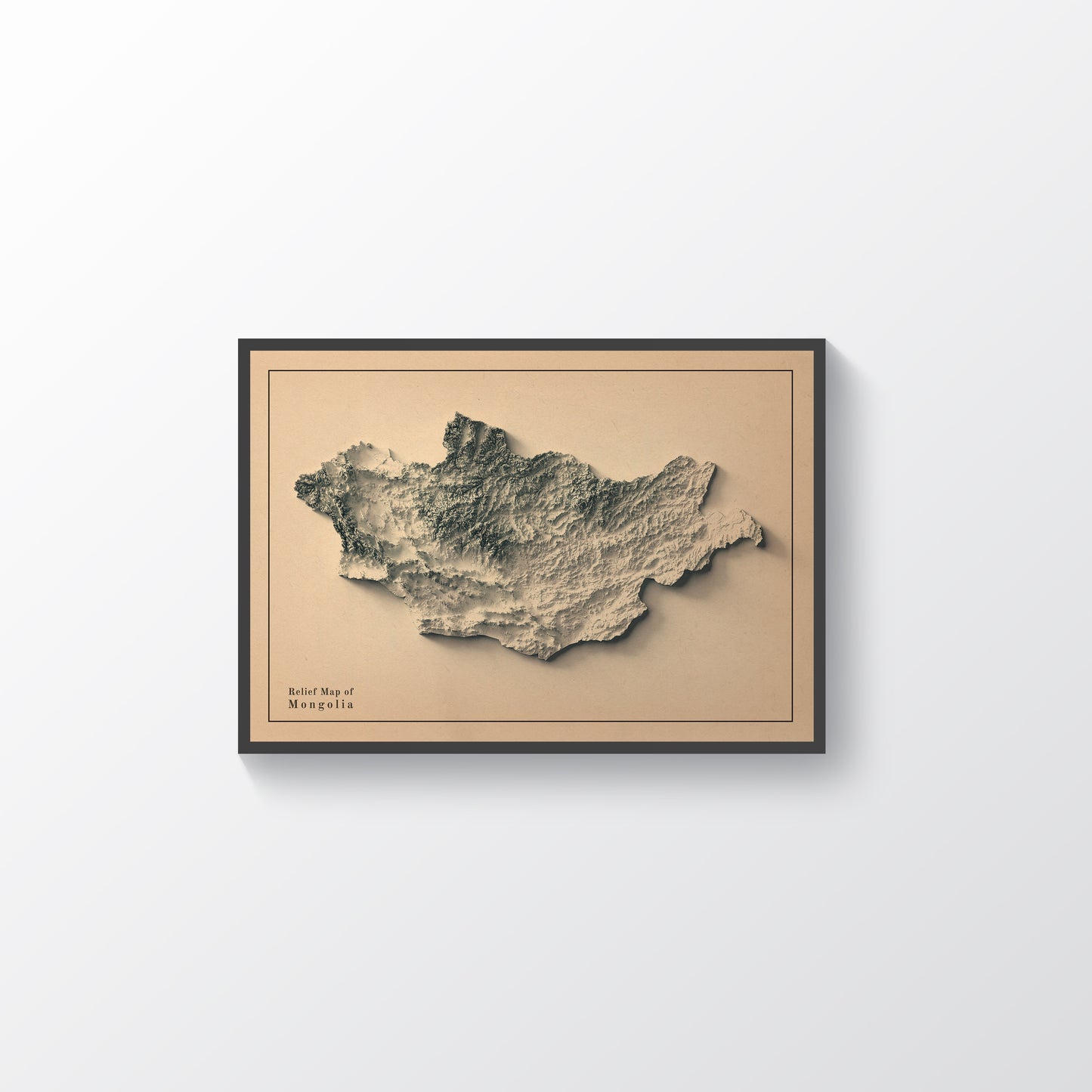 Mongolia vintage framed shaded relief map in black frame. Artistic print highlighting mountains with a realistic terrain effect