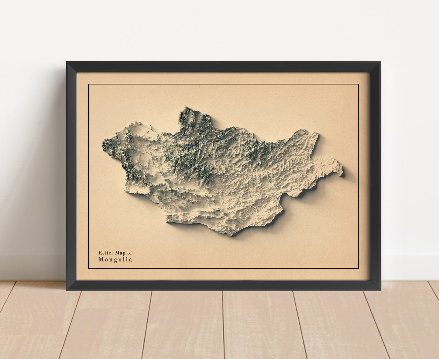 Vintage Mongolia shaded relief map in black frame. Artistic print with realistic terrain effect for wall decor.