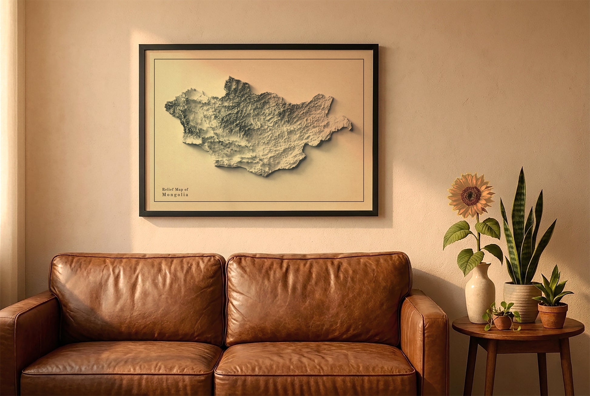 Mongolia vintage relief map in a black frame above a brown leather sofa. Boho living room with warm sunlight, sunflower, and indoor plants on a wooden side table