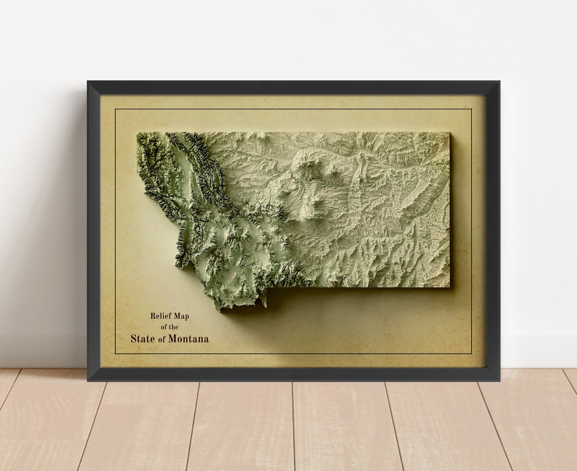 Vintage Montana shaded relief map in black frame. Artistic print with realistic terrain effect for wall decor